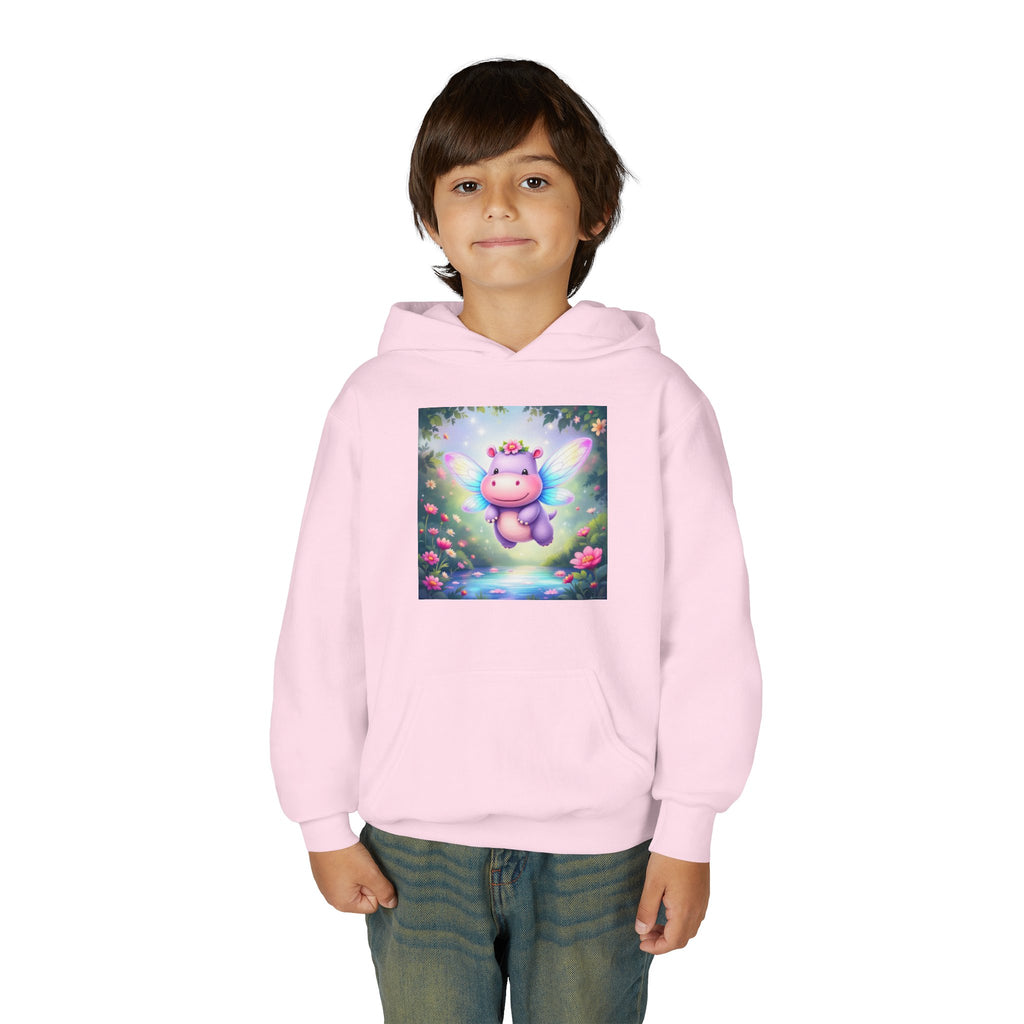 Whimsical Fairy Hippo Hooded Sweatshirt for Kids, Cute Gifts, Cozy Hoodie, Floral Design, Birthday Present