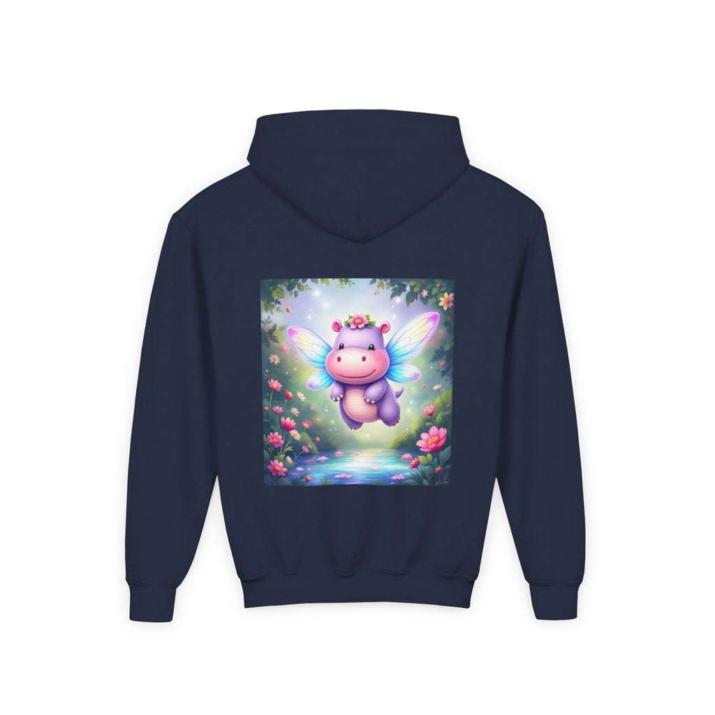 Whimsical Fairy Hippo Hooded Sweatshirt for Kids, Cute Gifts, Cozy Hoodie, Floral Design, Birthday Present