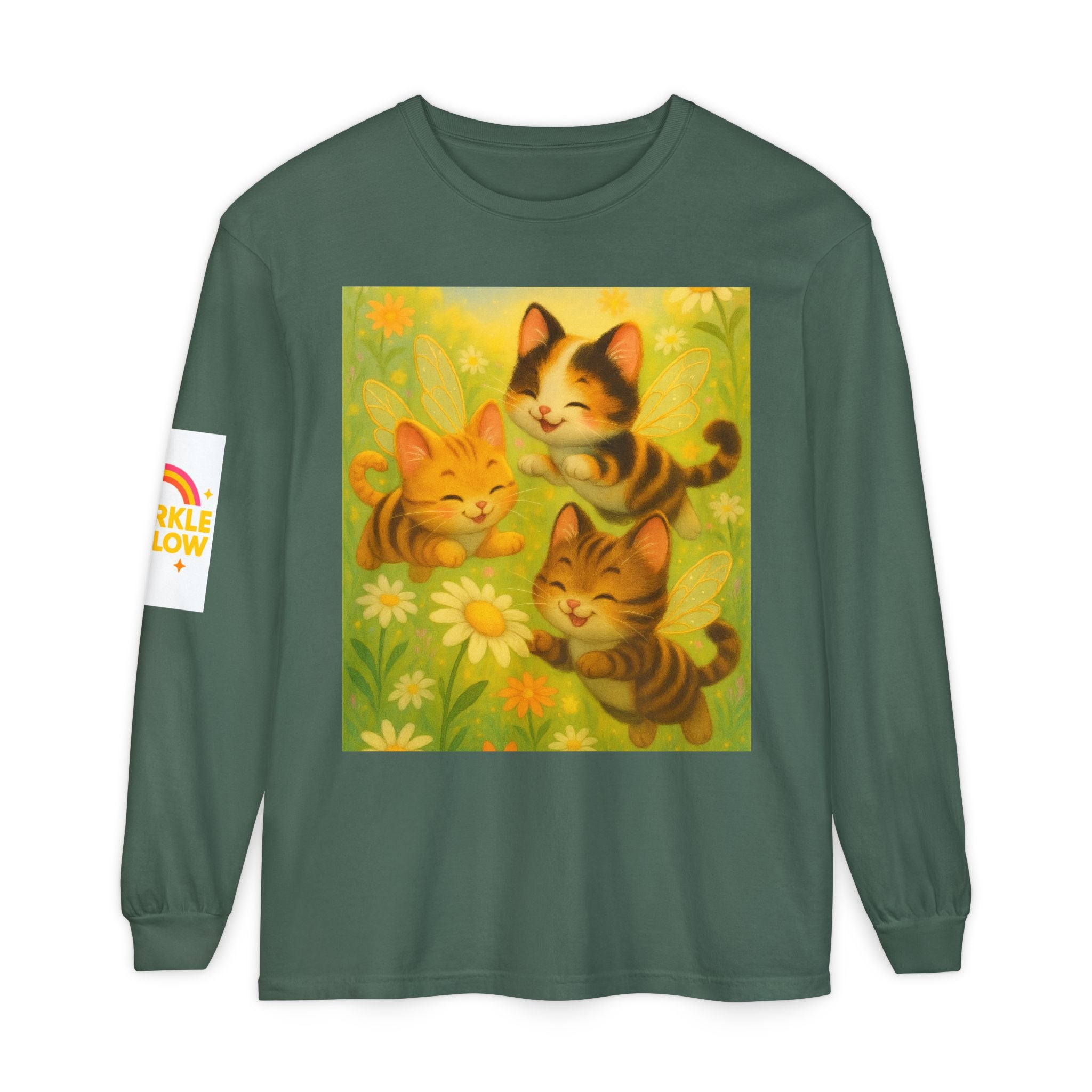 Long Sleeve T-Shirt - Whimsical Bumble Cats and Daisies in Land of Sparkle