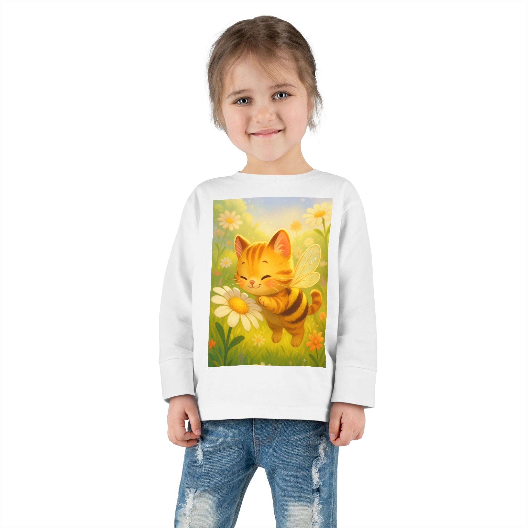 Toddler Long Sleeve Tee - Whimsical Honey Whisker Bumble Cat Garden of Flowers Design