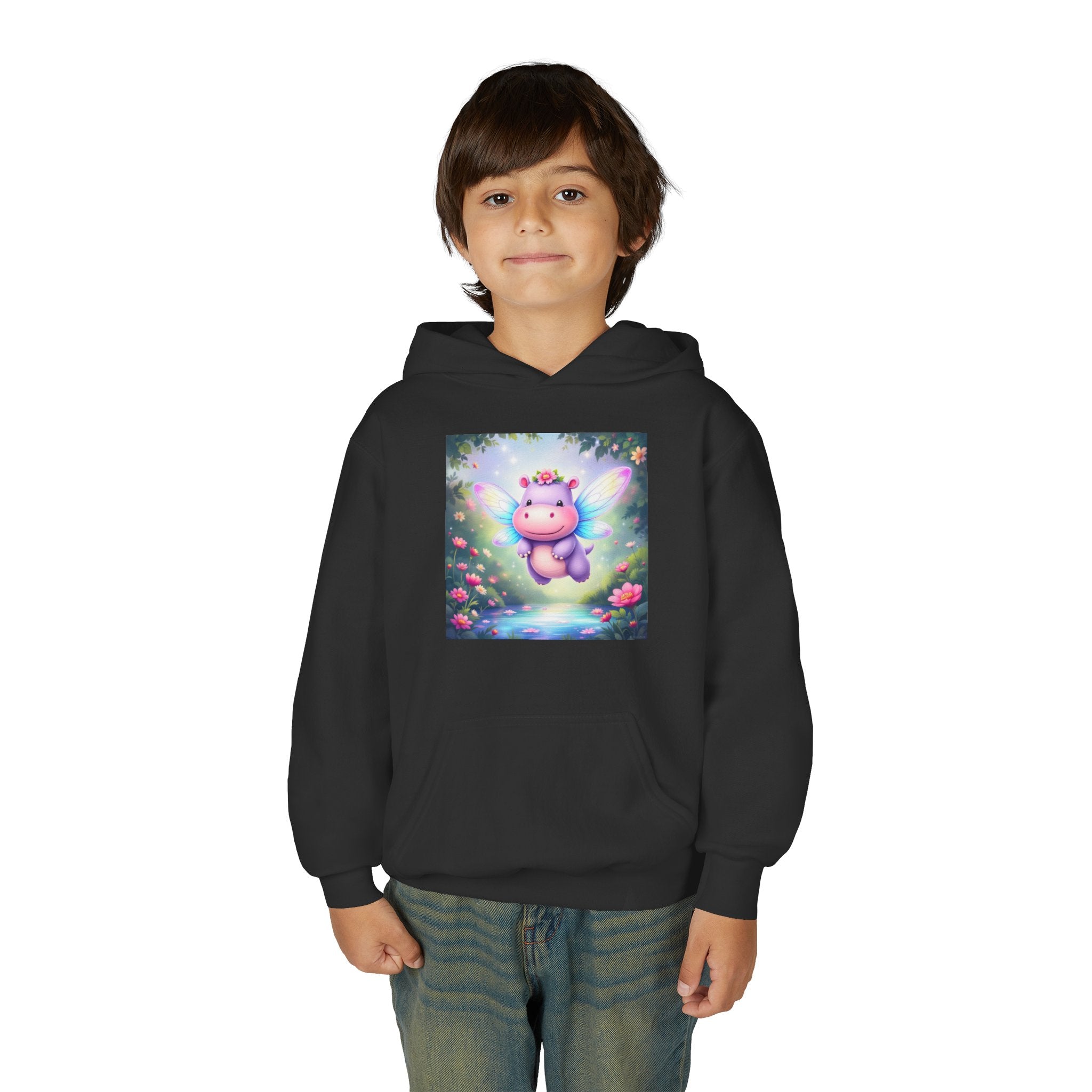 Whimsical Fairy Hippo Hooded Sweatshirt for Kids, Cute Gifts, Cozy Hoodie, Floral Design, Birthday Present