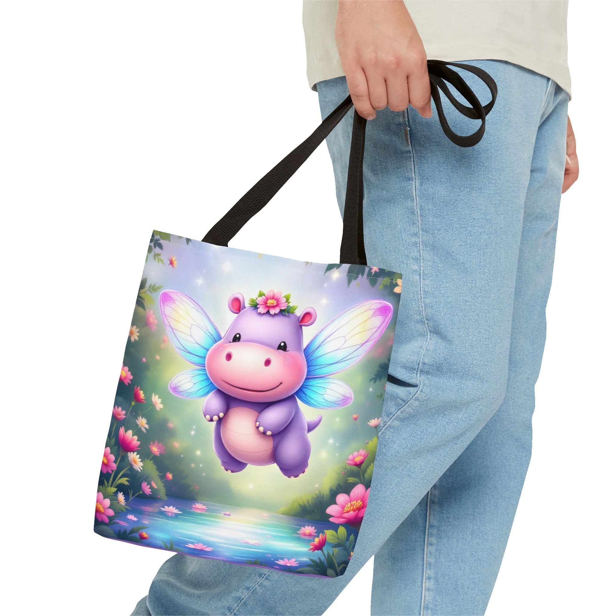 Cute Fairy Hippo Tote Bag — Magical Flower Wings All-Over Print