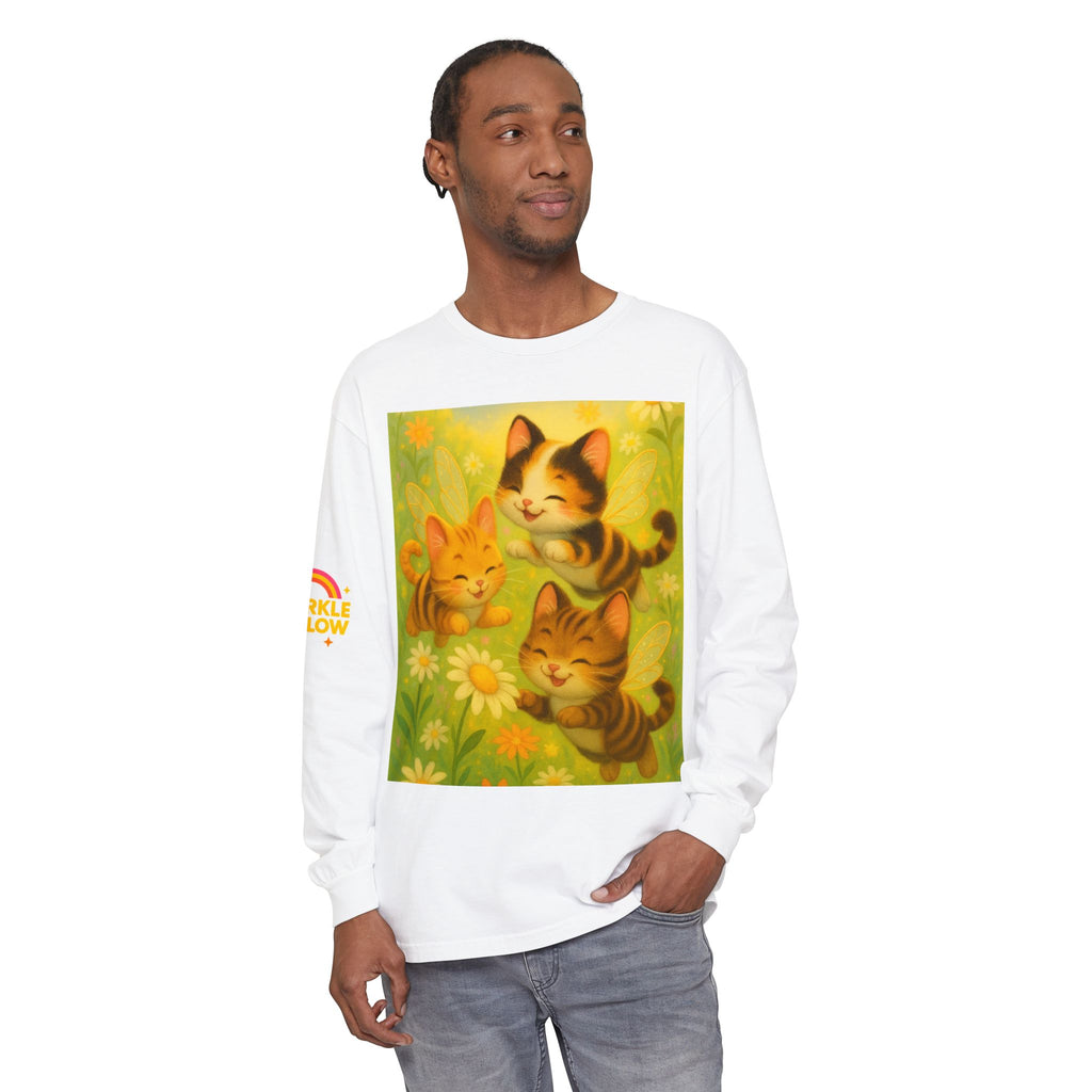 Long Sleeve T-Shirt - Whimsical Bumble Cats and Daisies in Land of Sparkle