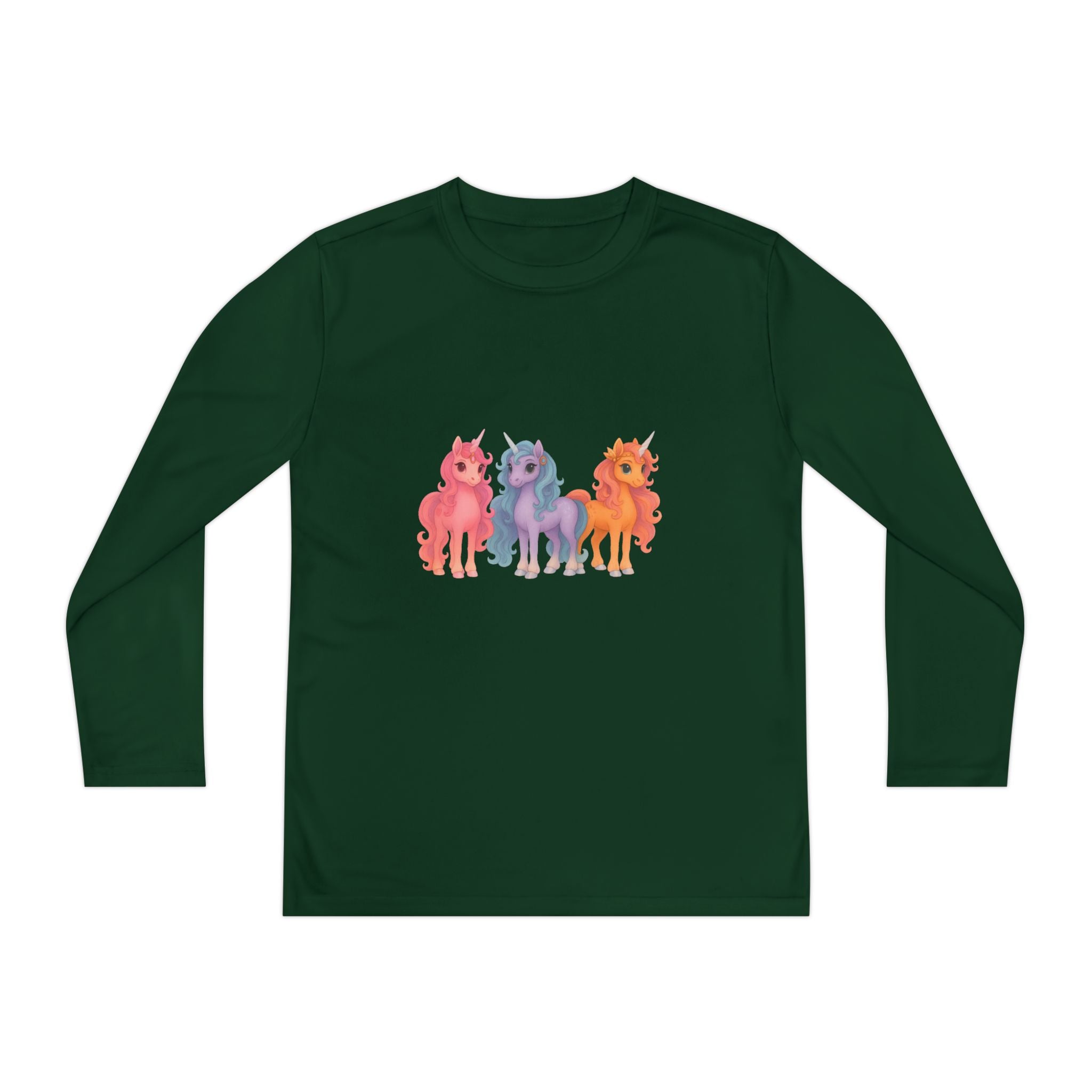 Youth Long Sleeve Tee — Colorful Cartoon Ponies Graphic