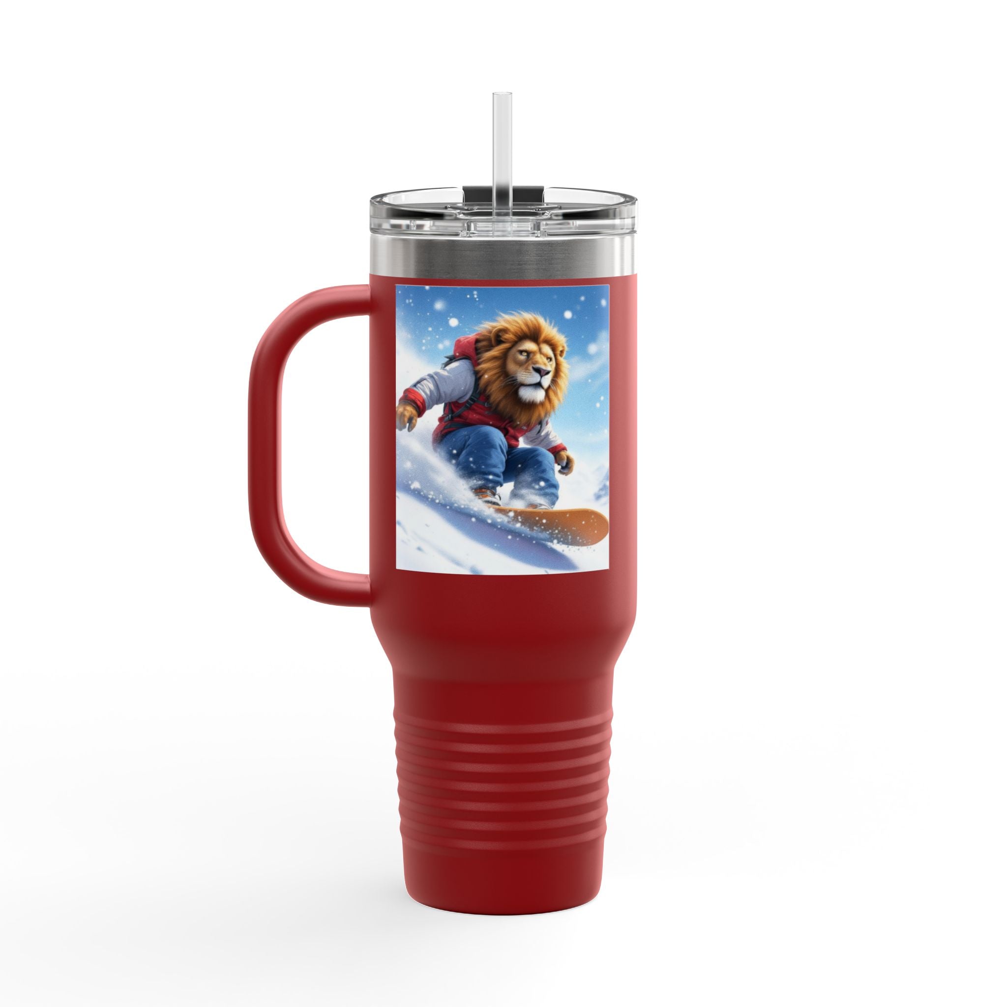 40oz Insulated Travel Mug — Snowboarding Lion Winter Adventure Design