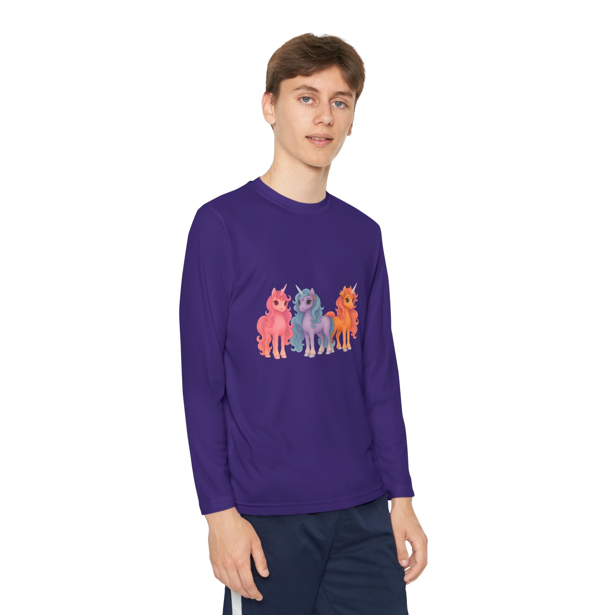 Youth Long Sleeve Tee — Colorful Cartoon Ponies Graphic