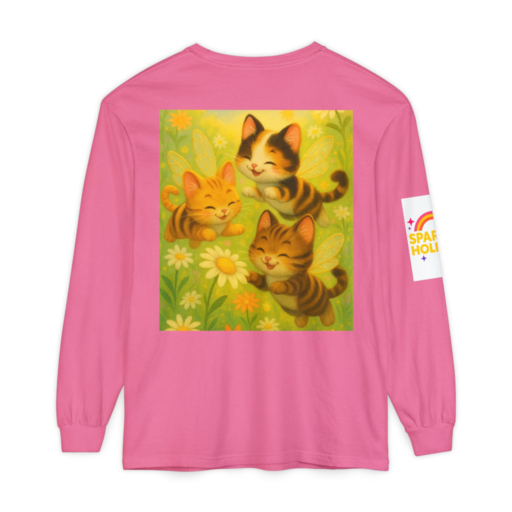 Long Sleeve T-Shirt - Whimsical Bumble Cats and Daisies in Land of Sparkle