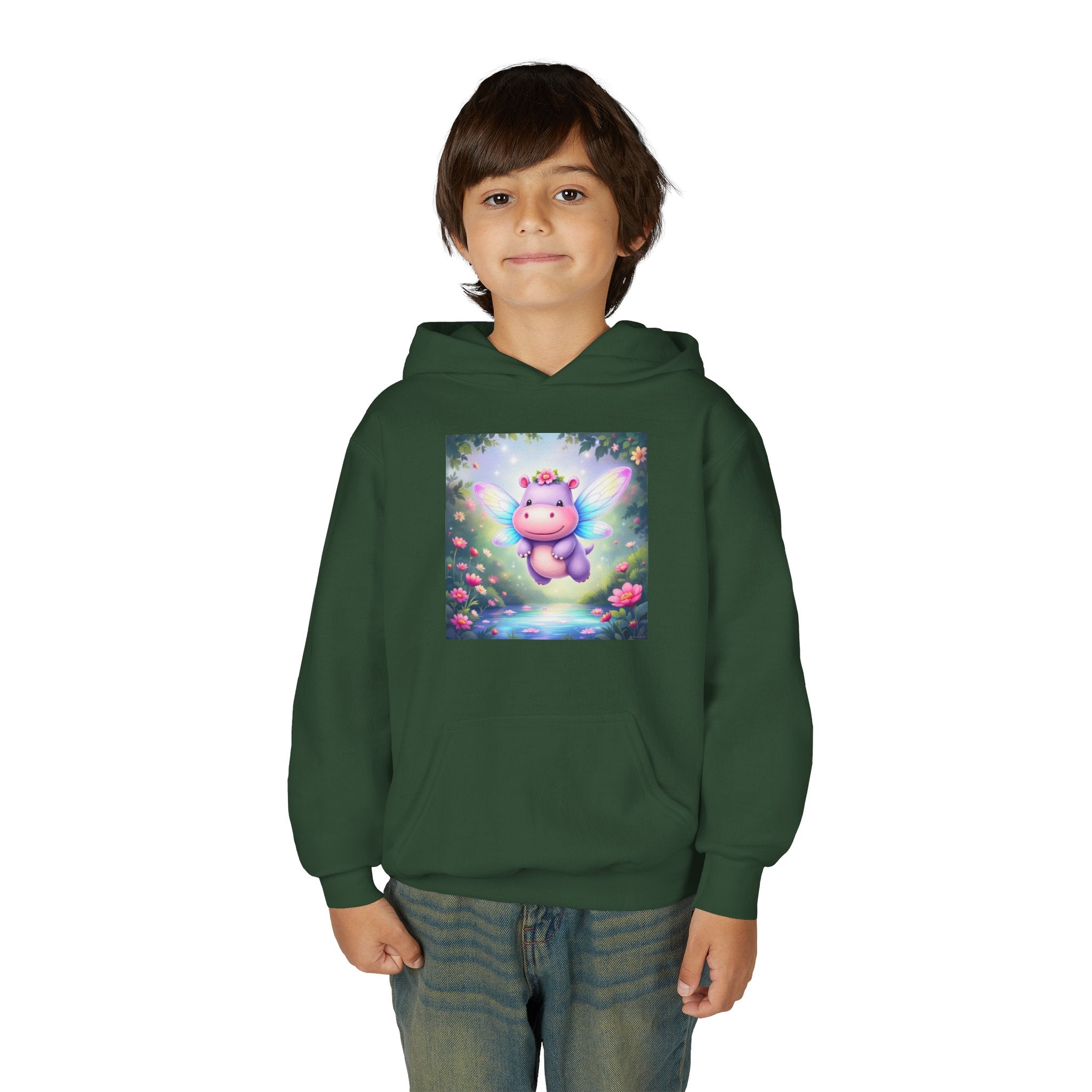 Whimsical Fairy Hippo Hooded Sweatshirt for Kids, Cute Gifts, Cozy Hoodie, Floral Design, Birthday Present