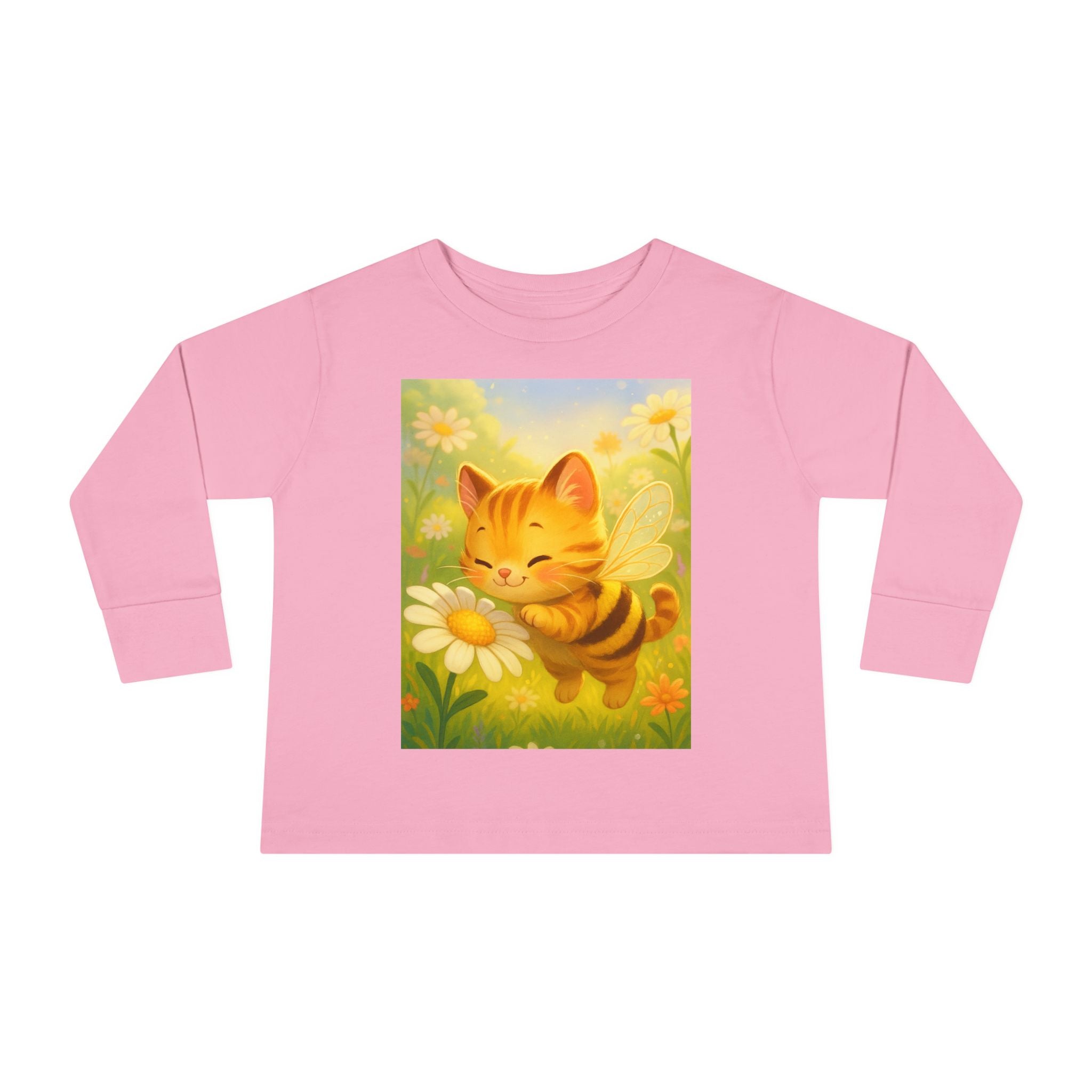 Toddler Long Sleeve Tee - Whimsical Honey Whisker Bumble Cat Garden of Flowers Design