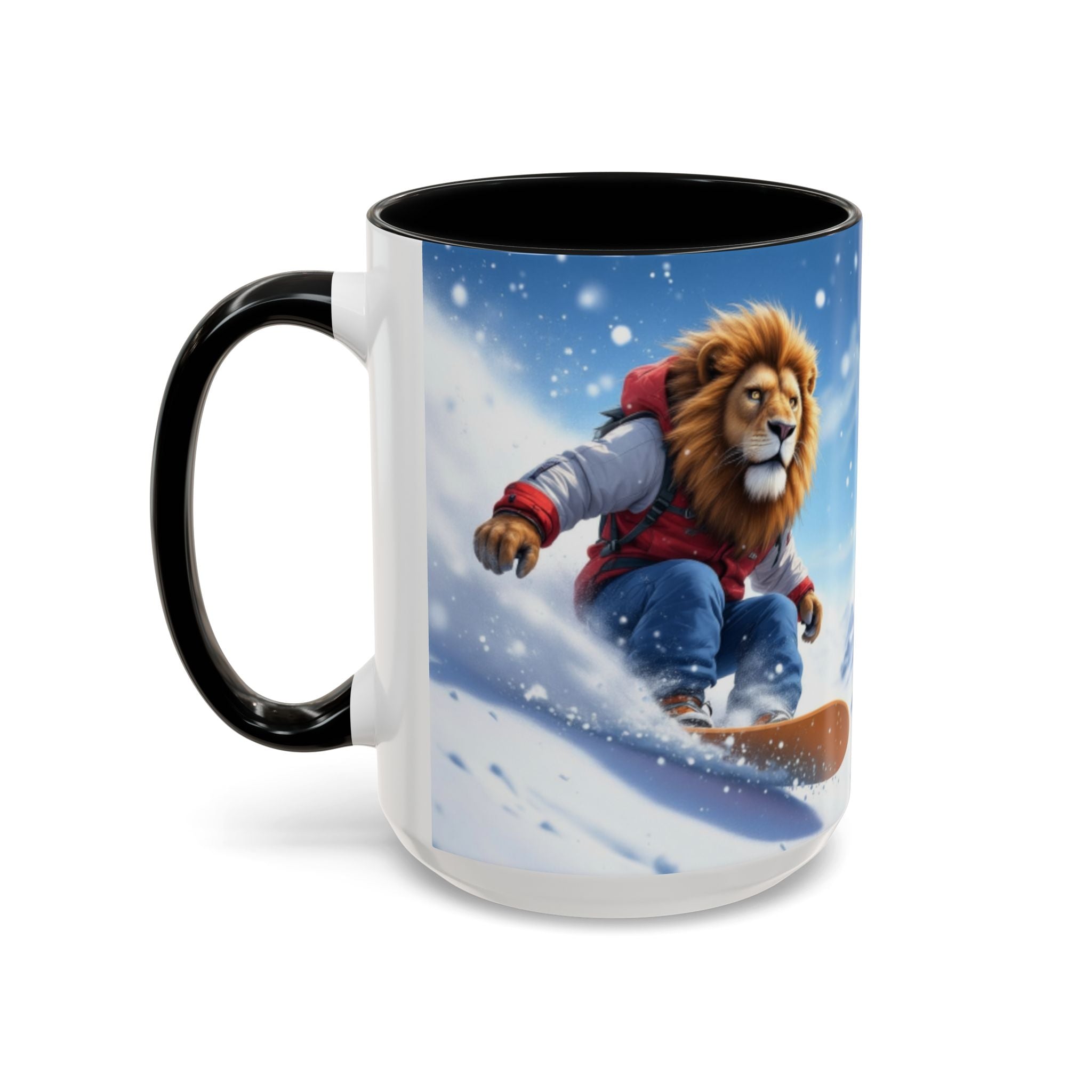 Snowboarding Lion Coffee Mug — Winter Sports Animal Art 11/15oz