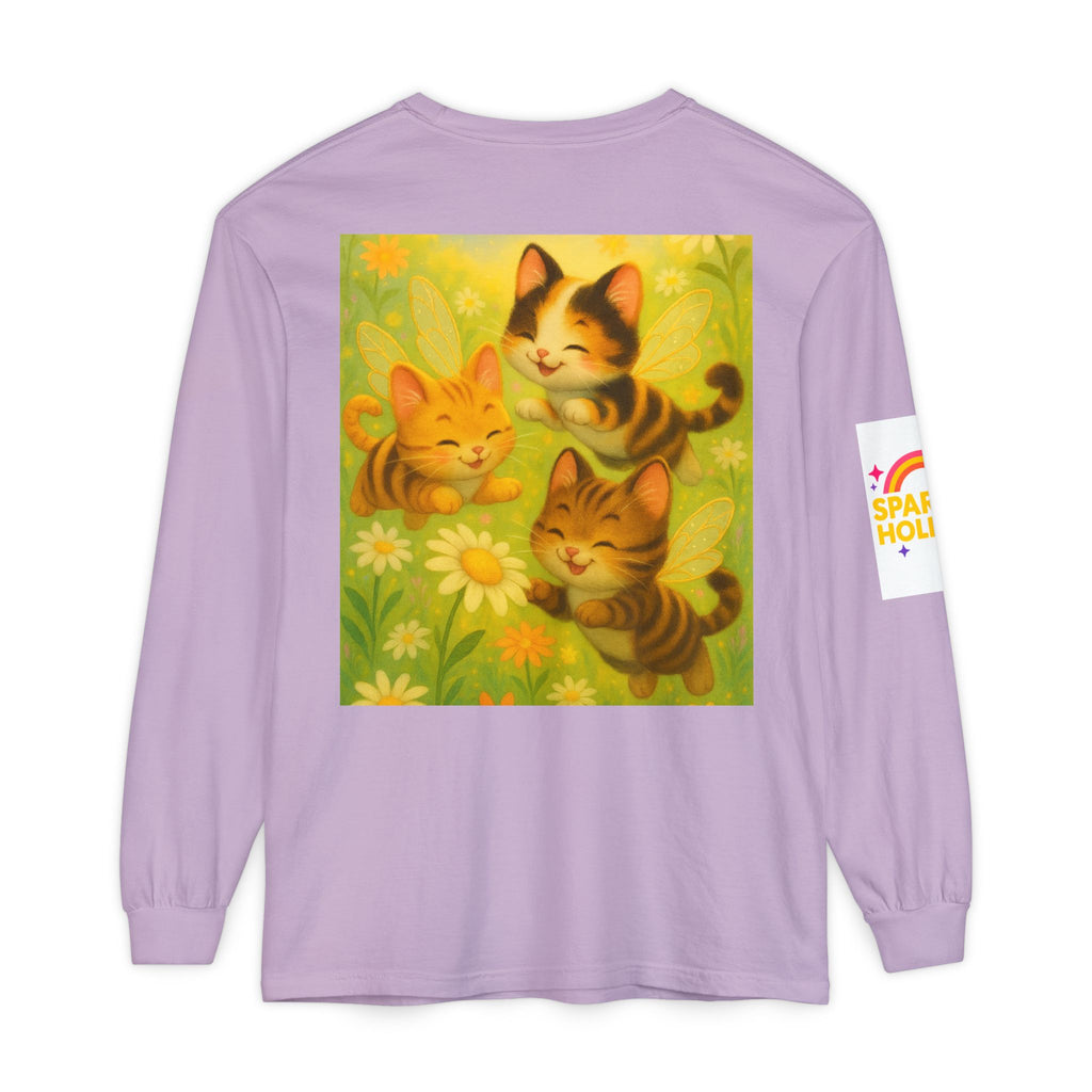Long Sleeve T-Shirt - Whimsical Bumble Cats and Daisies in Land of Sparkle