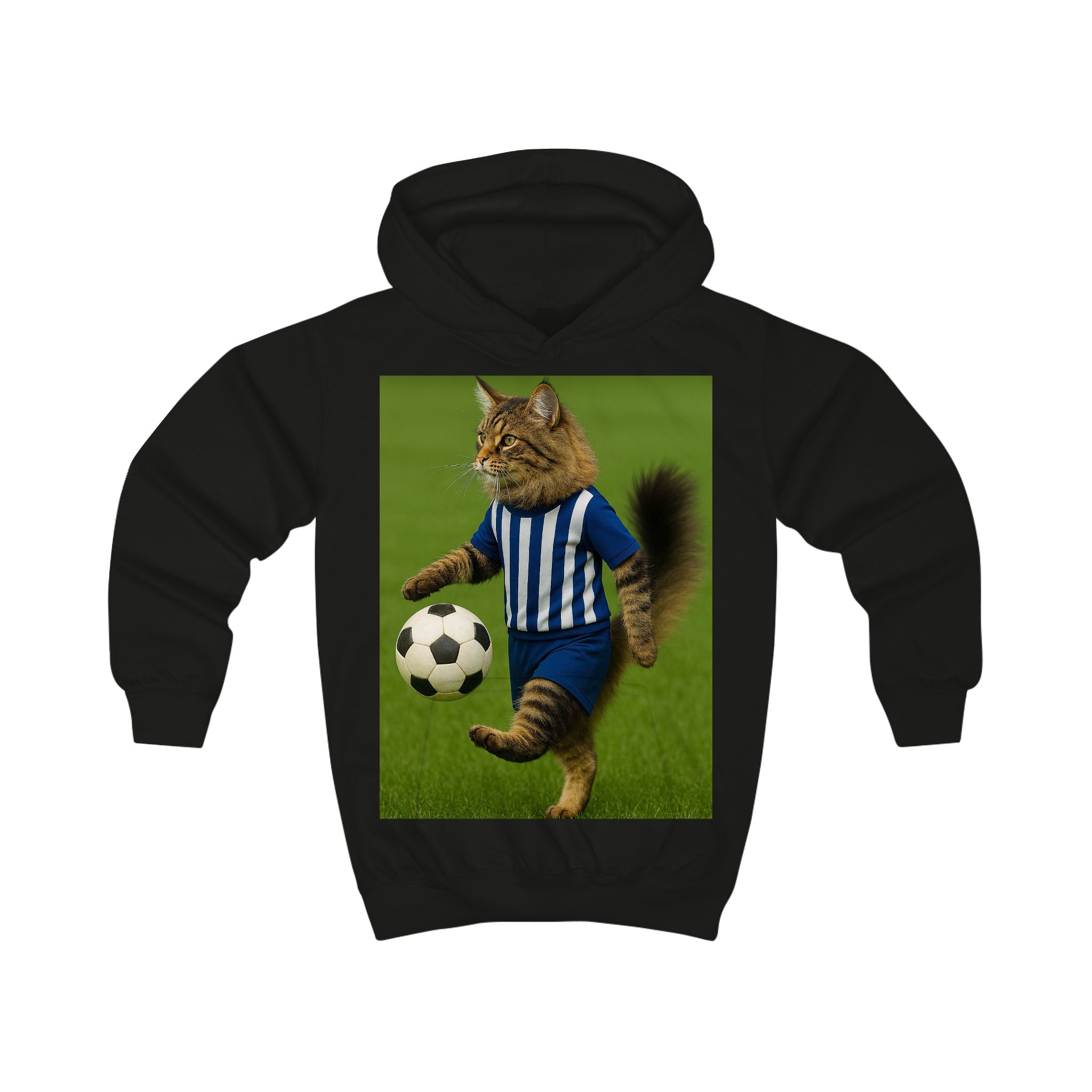 Kids Hoodie — Soccer Cat Design: Playful Goal-Scoring Cat for Young Soccer Fans
