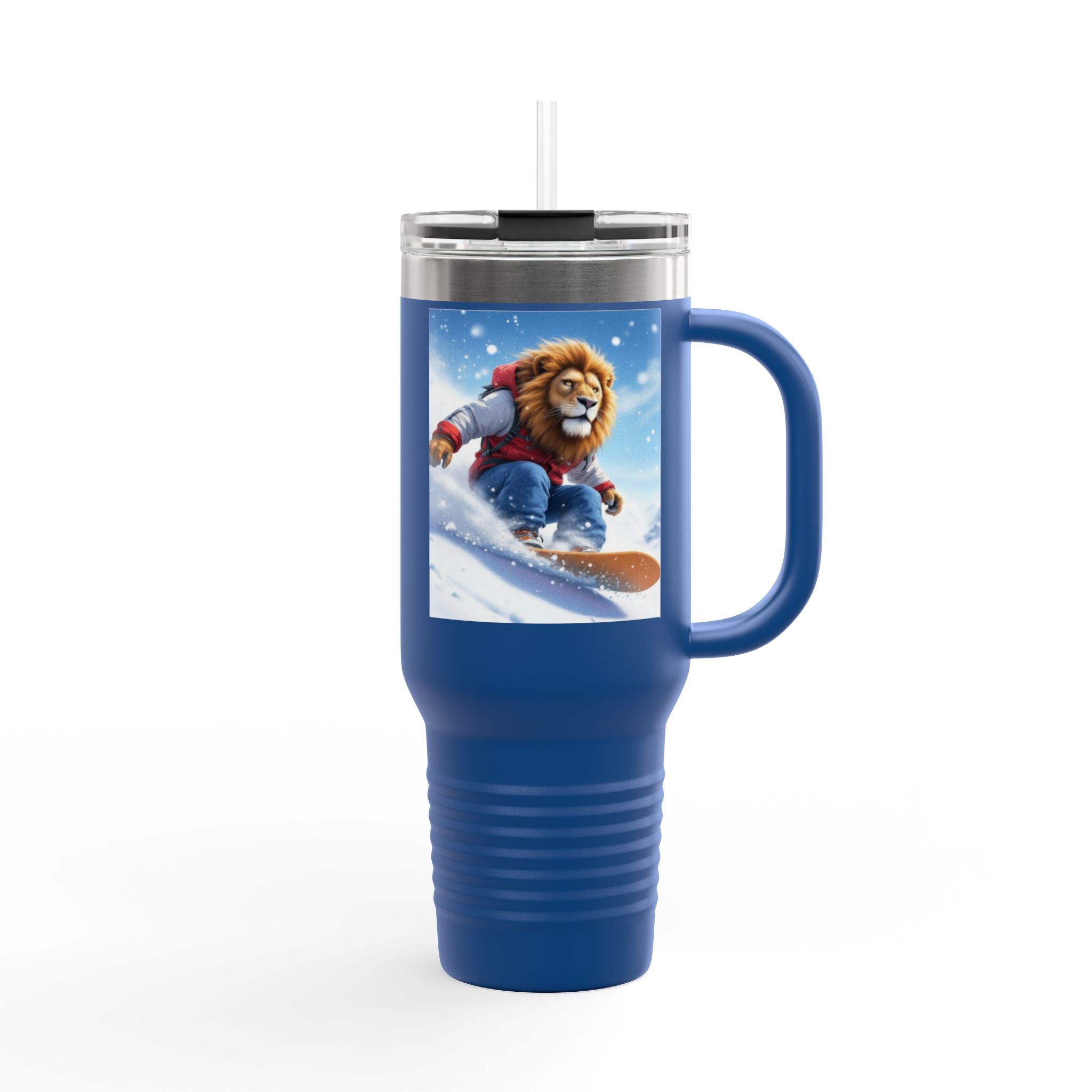 40oz Insulated Travel Mug — Snowboarding Lion Winter Adventure Design