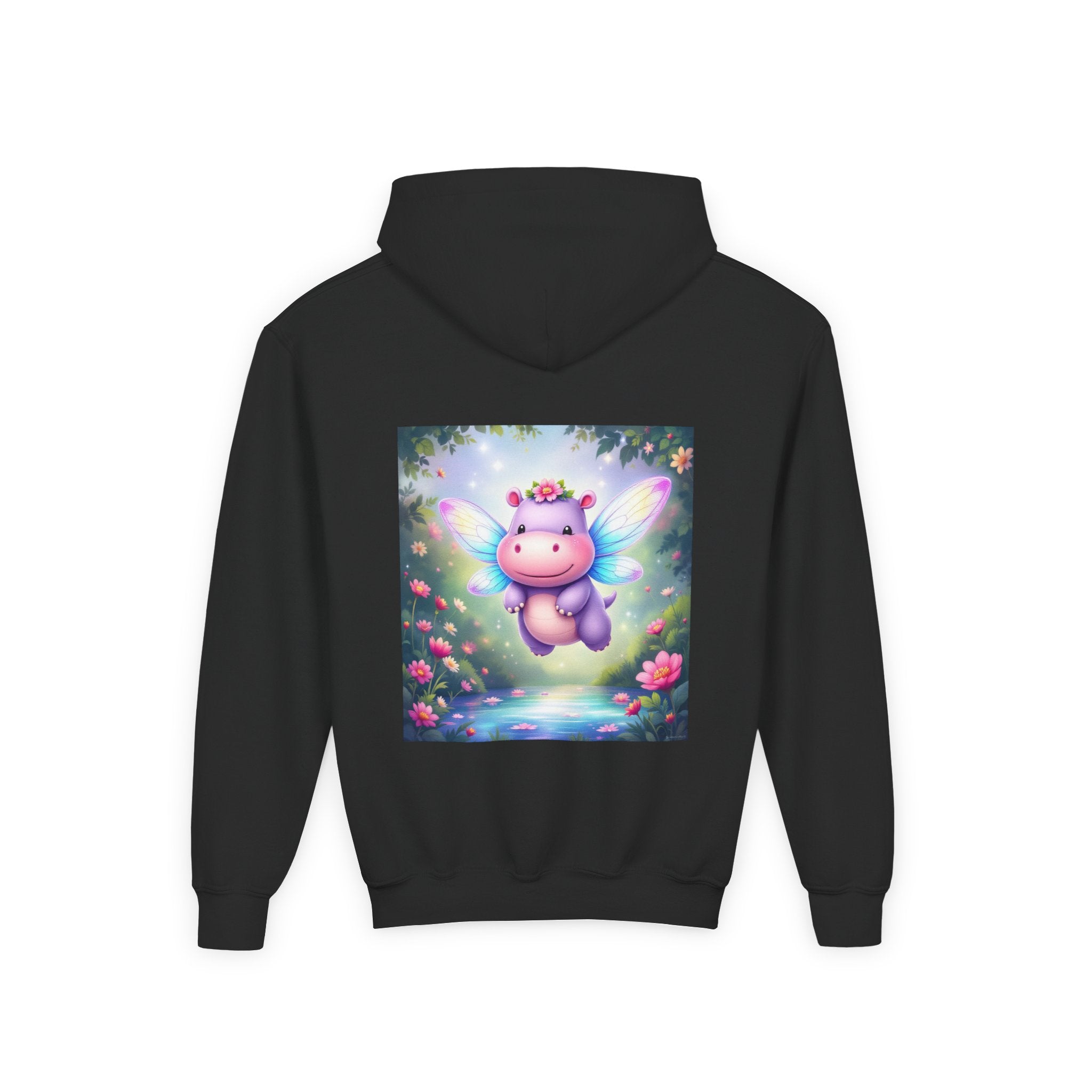 Whimsical Fairy Hippo Hooded Sweatshirt for Kids, Cute Gifts, Cozy Hoodie, Floral Design, Birthday Present