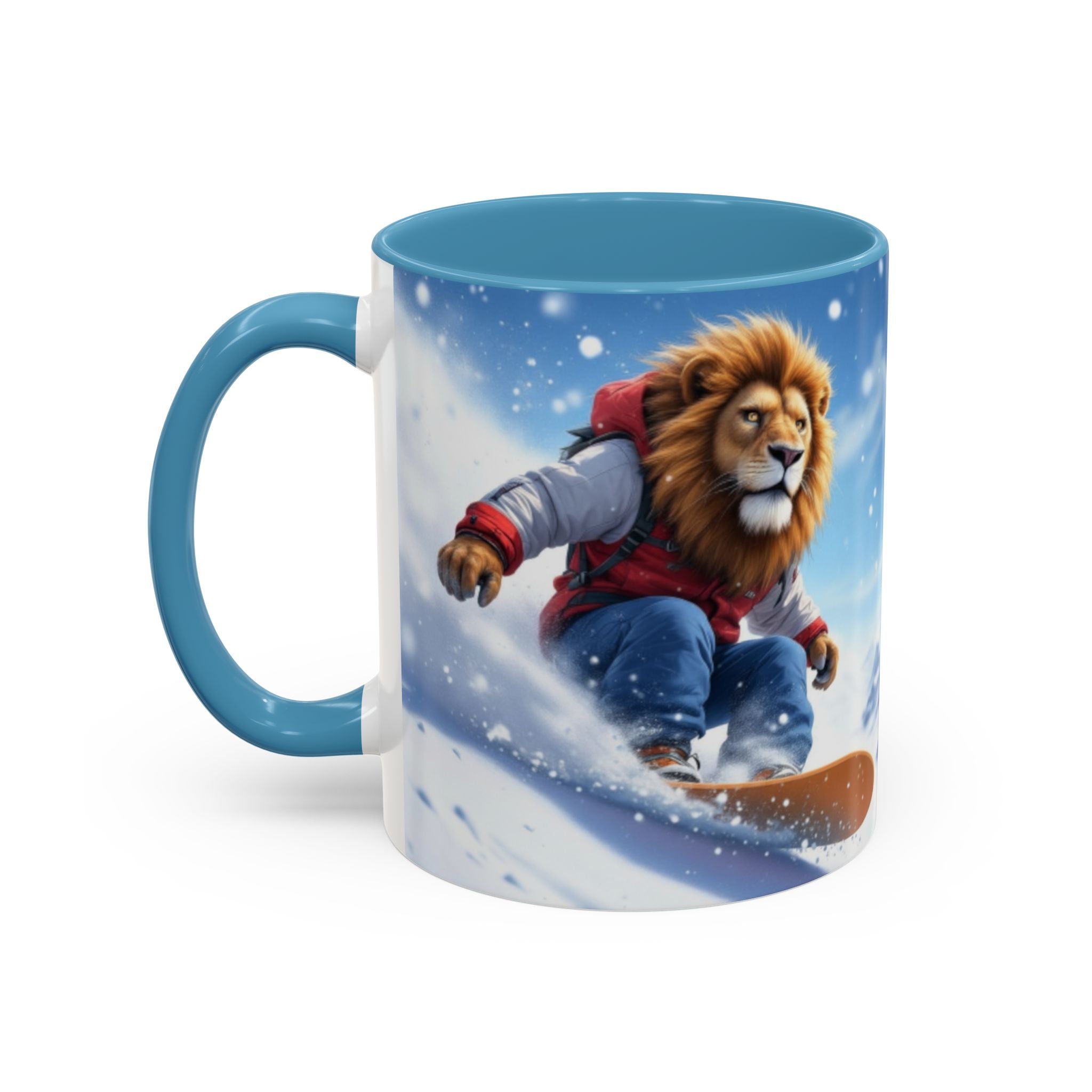 Snowboarding Lion Coffee Mug — Winter Sports Animal Art 11/15oz