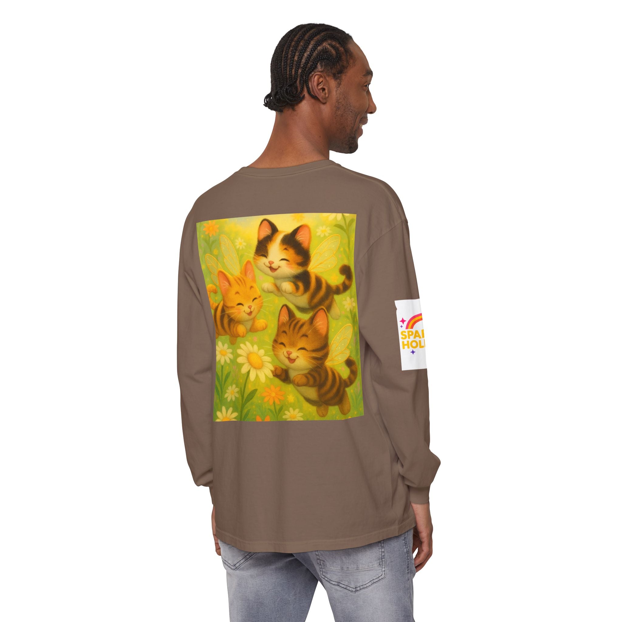 Long Sleeve T-Shirt - Whimsical Bumble Cats and Daisies in Land of Sparkle