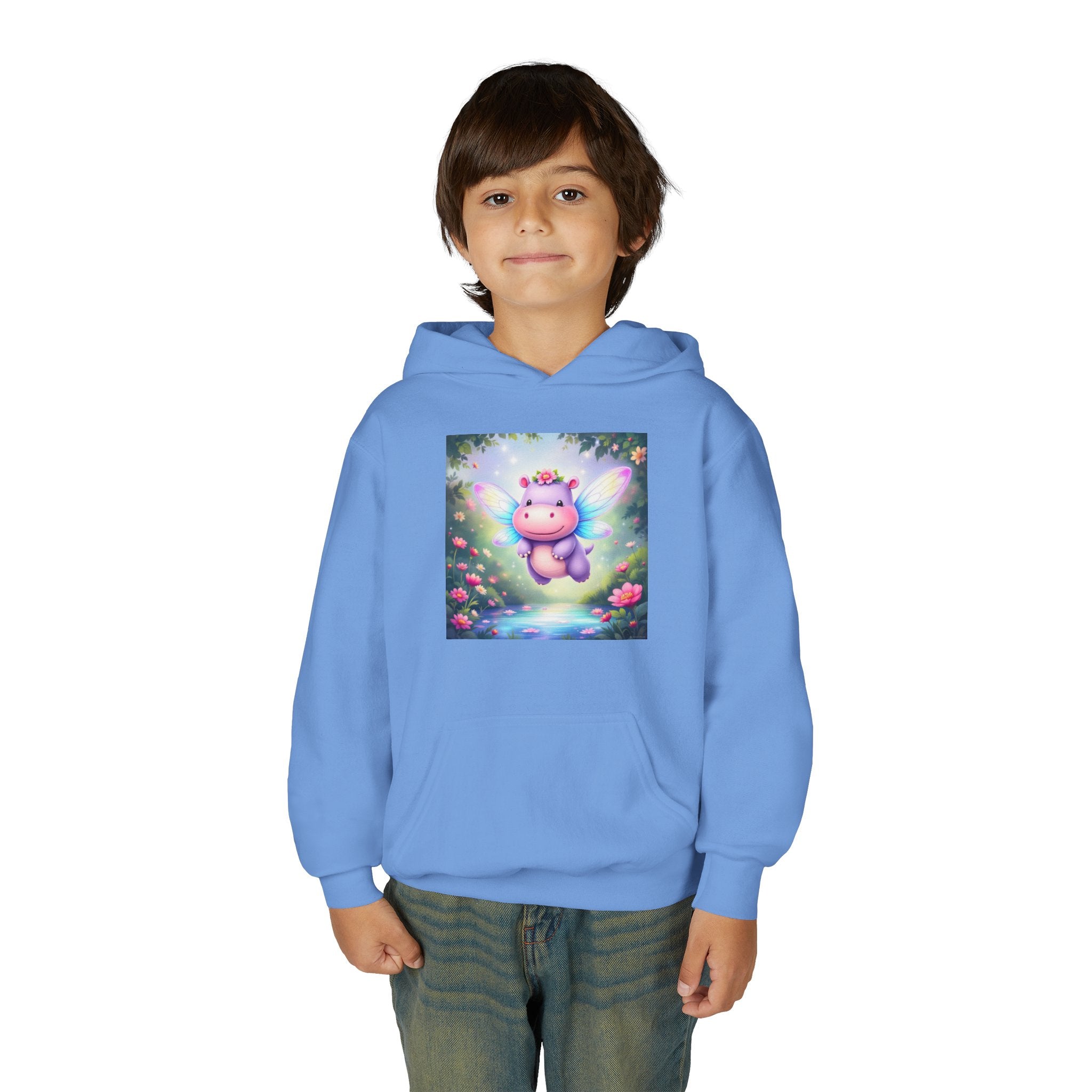 Whimsical Fairy Hippo Hooded Sweatshirt for Kids, Cute Gifts, Cozy Hoodie, Floral Design, Birthday Present