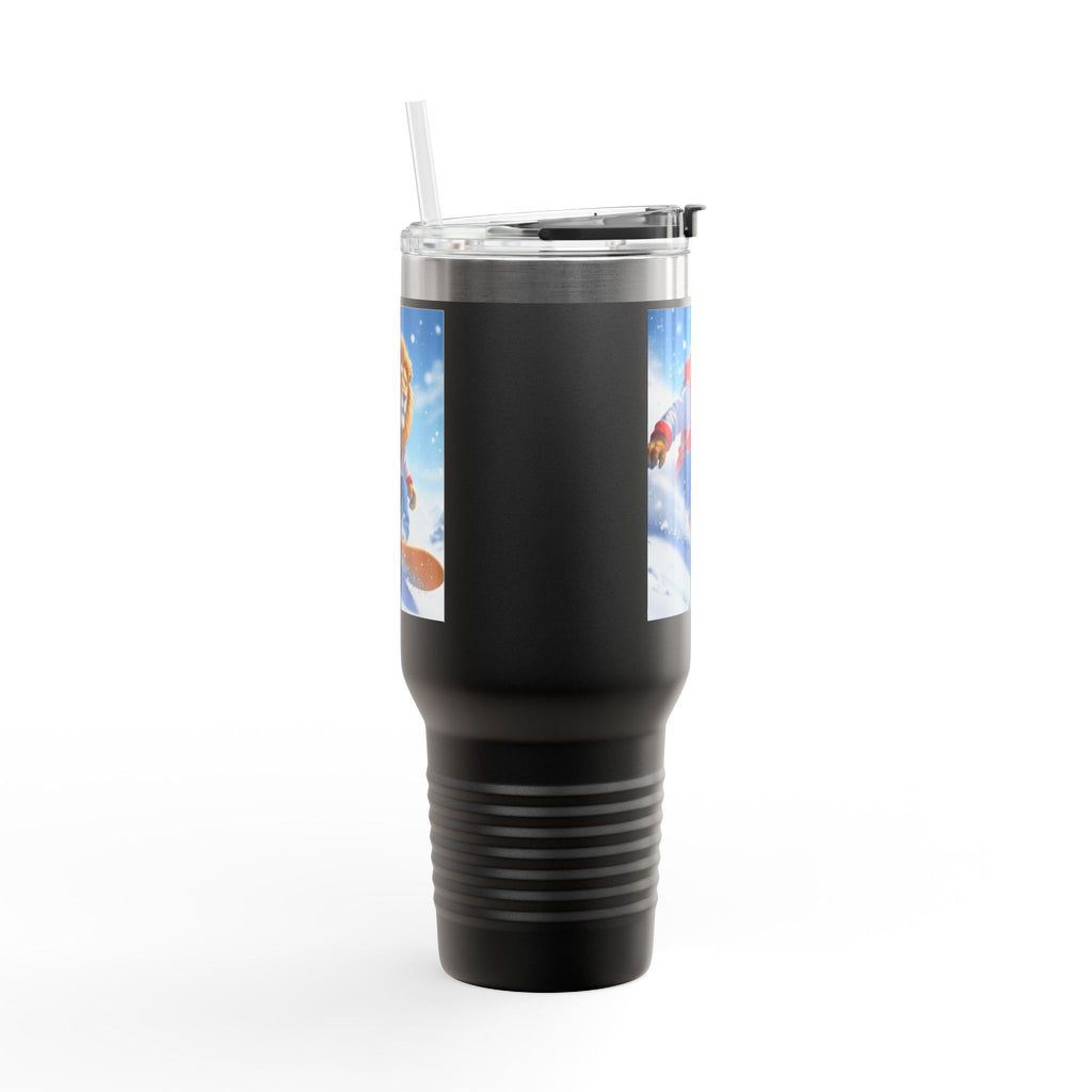 40oz Insulated Travel Mug — Snowboarding Lion Winter Adventure Design