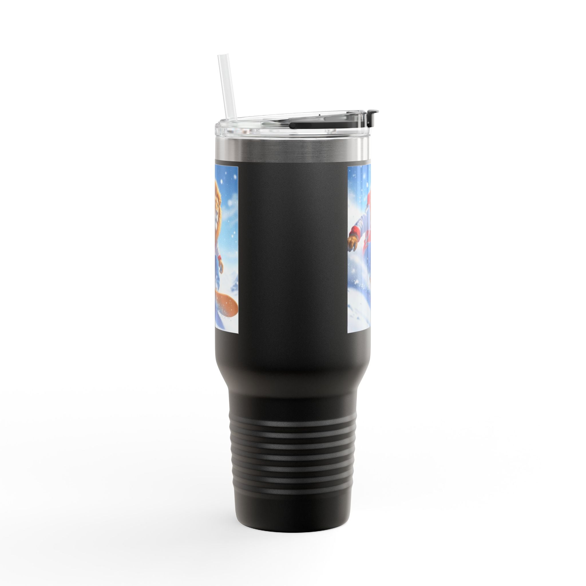 40oz Insulated Travel Mug — Snowboarding Lion Winter Adventure Design