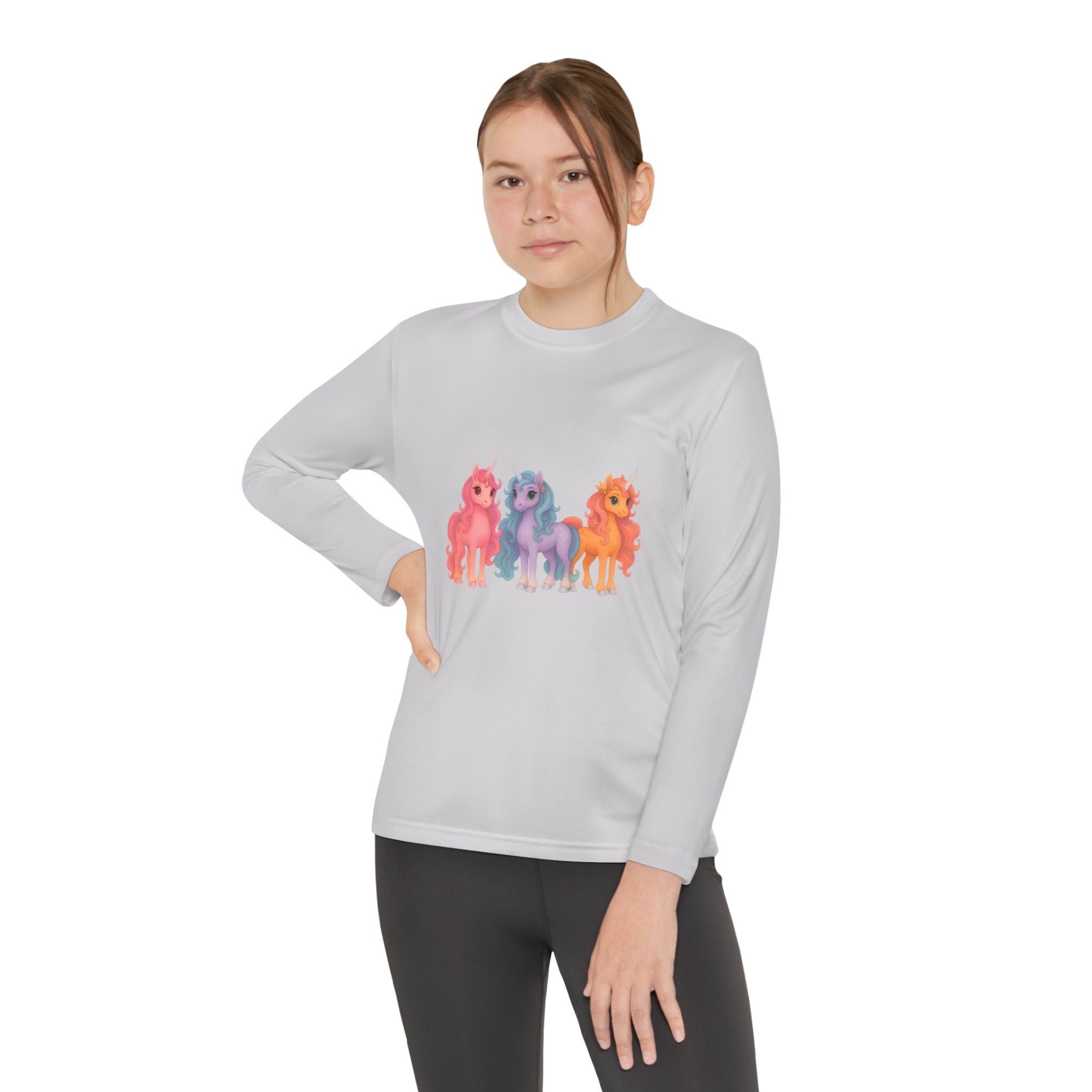 Youth Long Sleeve Tee — Colorful Cartoon Ponies Graphic