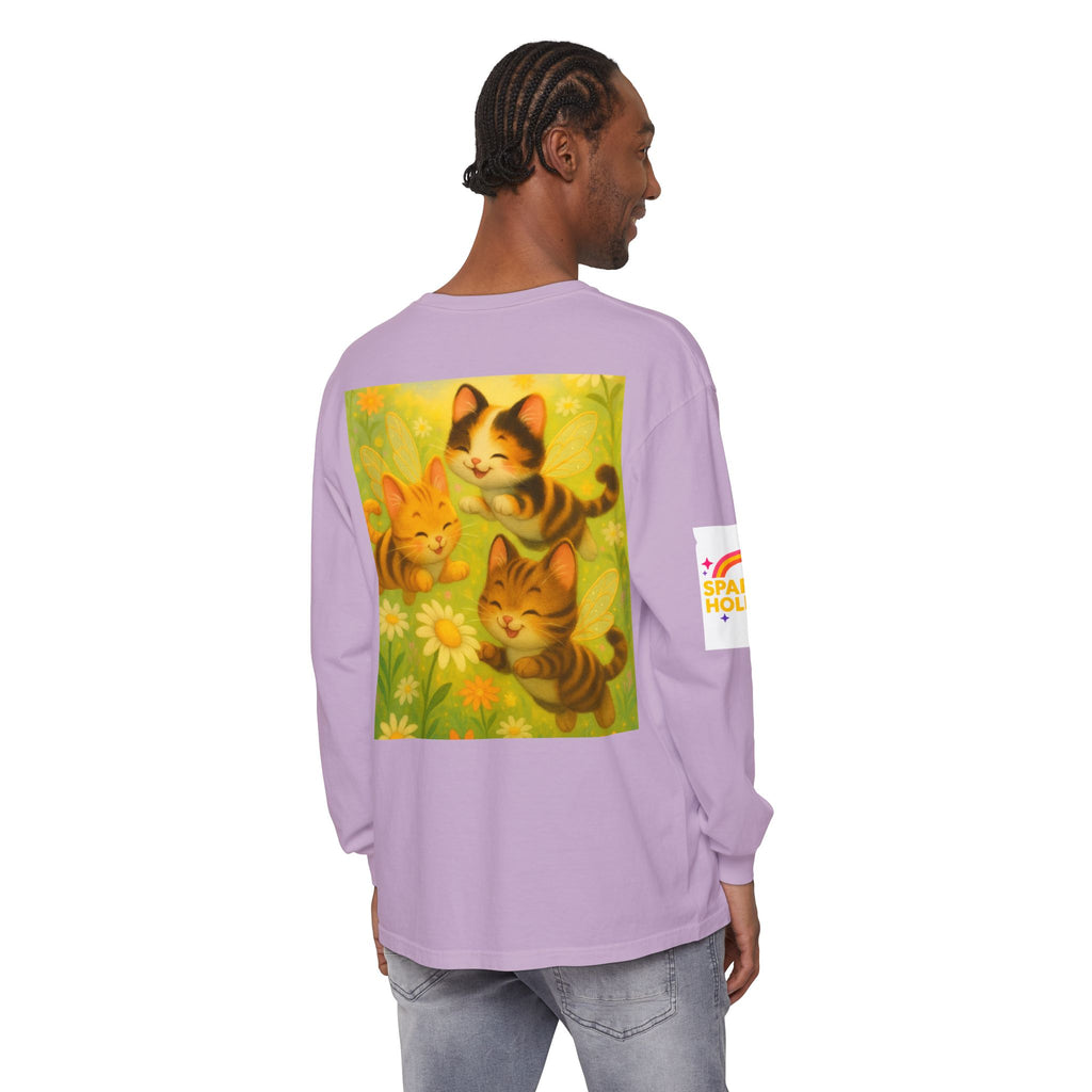 Long Sleeve T-Shirt - Whimsical Bumble Cats and Daisies in Land of Sparkle