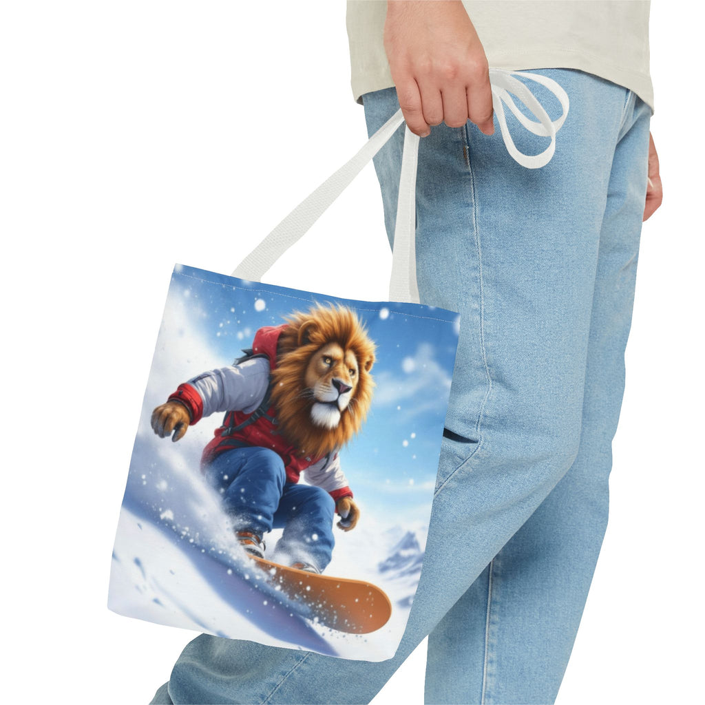 Snowboarding Lion Tote Bag — Cute Winter Animal Skiing Canvas Tote