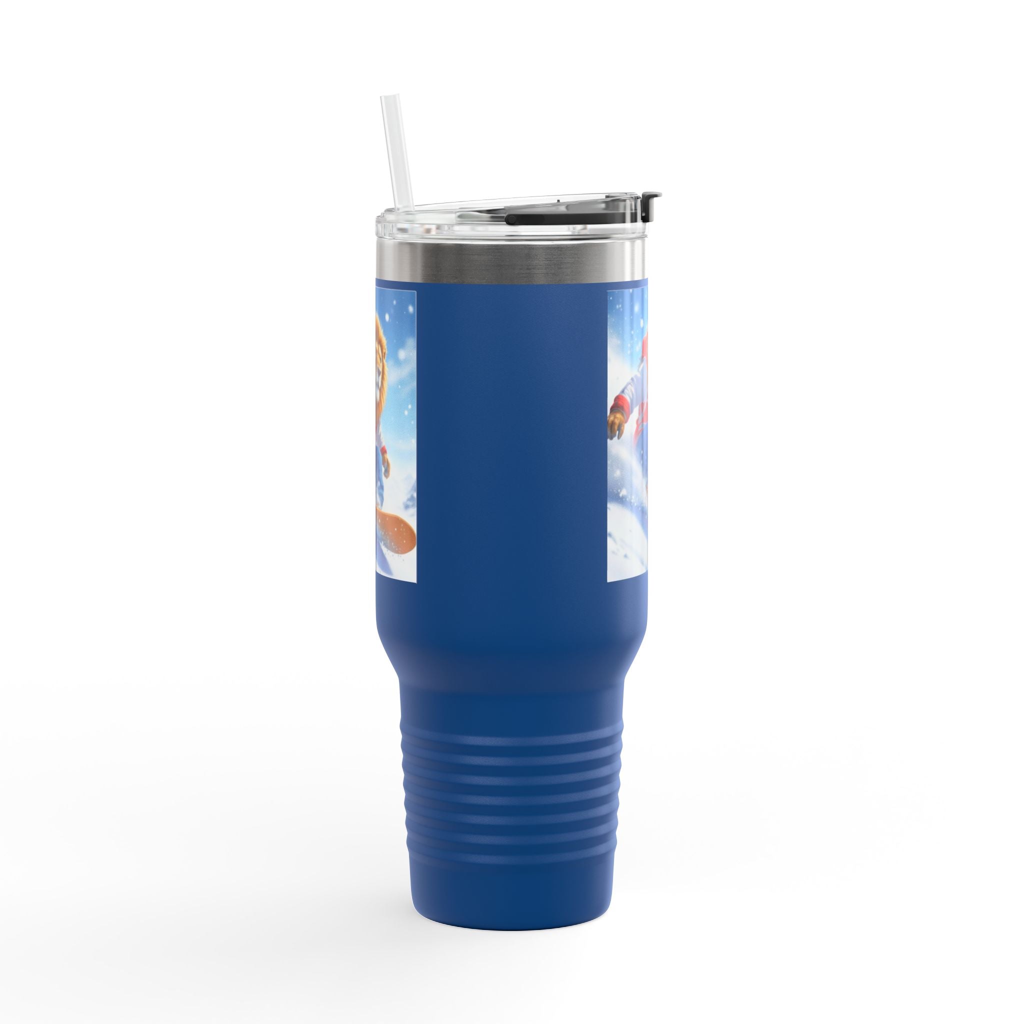 40oz Insulated Travel Mug — Snowboarding Lion Winter Adventure Design