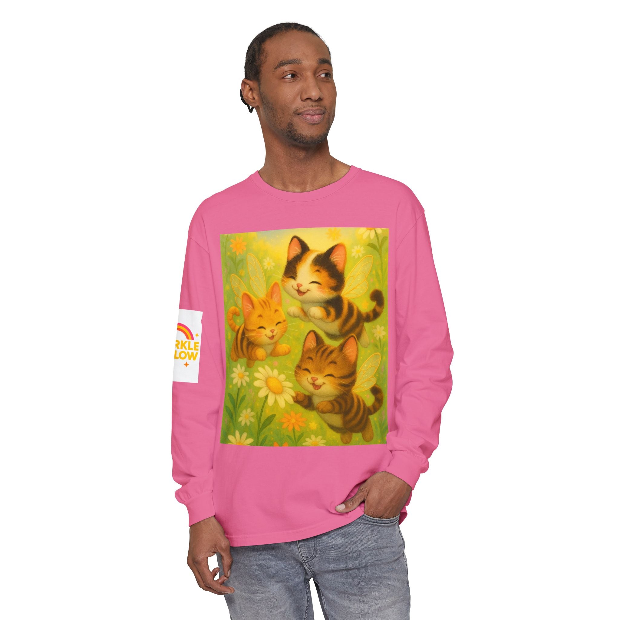 Long Sleeve T-Shirt - Whimsical Bumble Cats and Daisies in Land of Sparkle