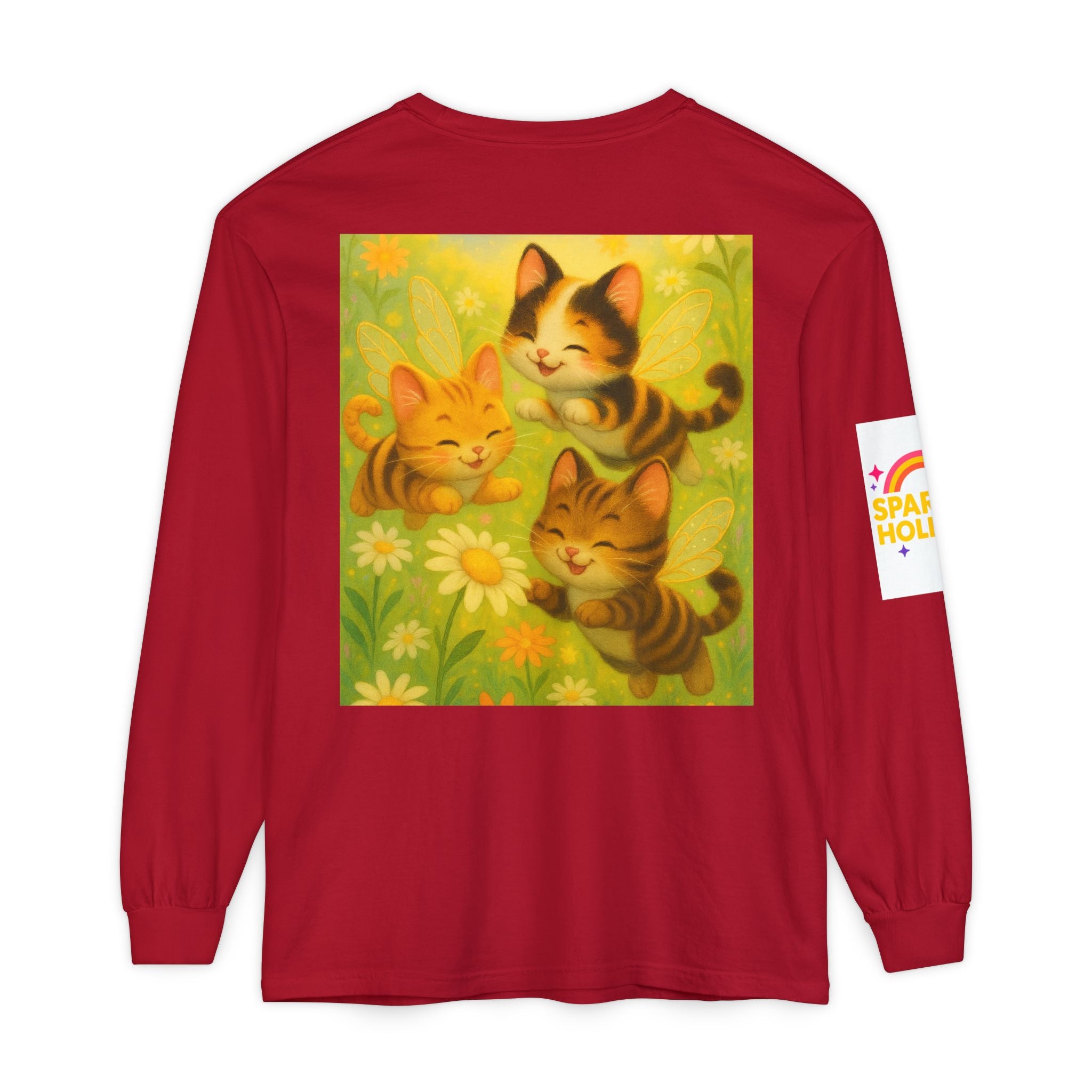 Long Sleeve T-Shirt - Whimsical Bumble Cats and Daisies in Land of Sparkle