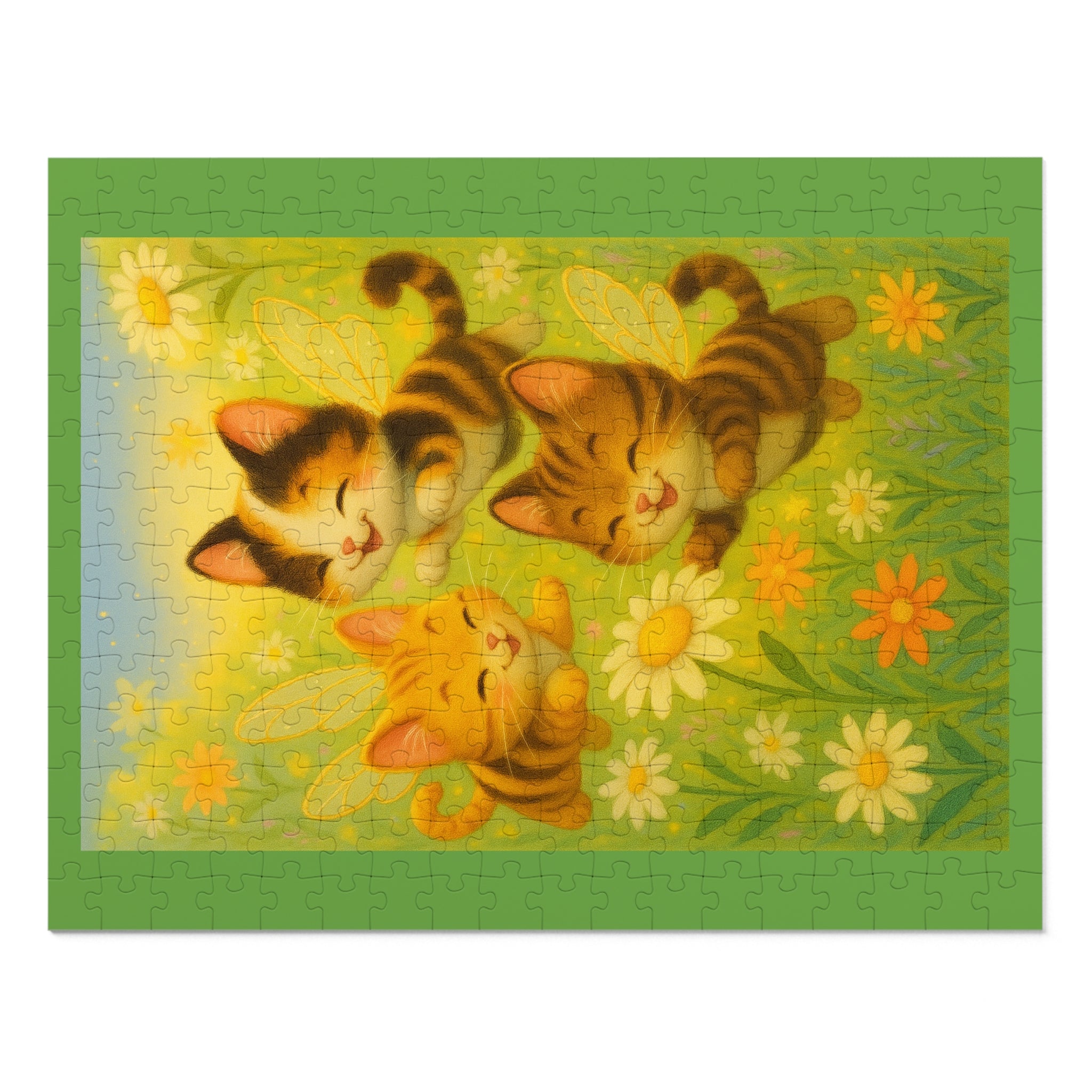 Jigsaw Puzzle: Whimsical Bumble Cat Trio Playing in Garden of Flowers