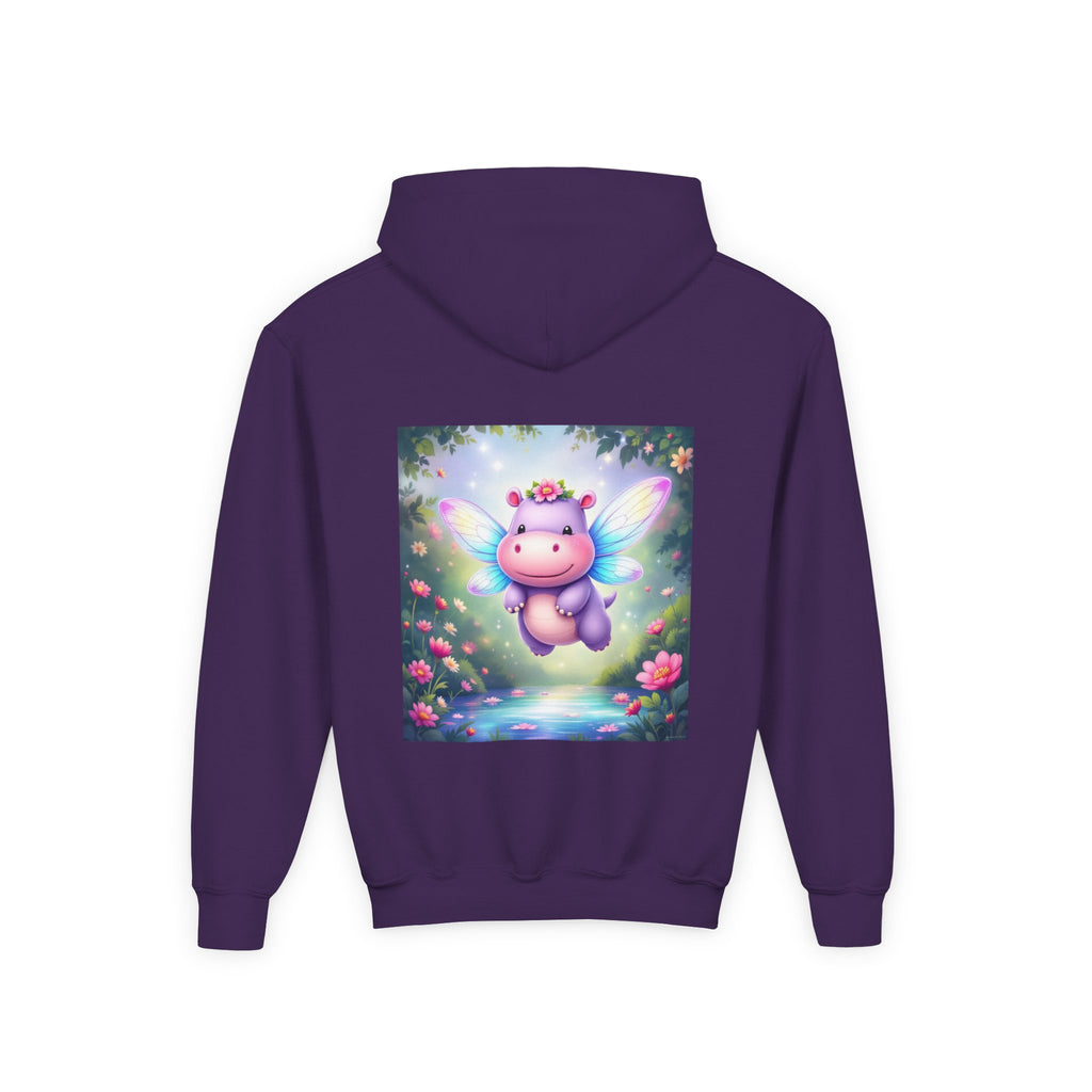 Whimsical Fairy Hippo Hooded Sweatshirt for Kids, Cute Gifts, Cozy Hoodie, Floral Design, Birthday Present