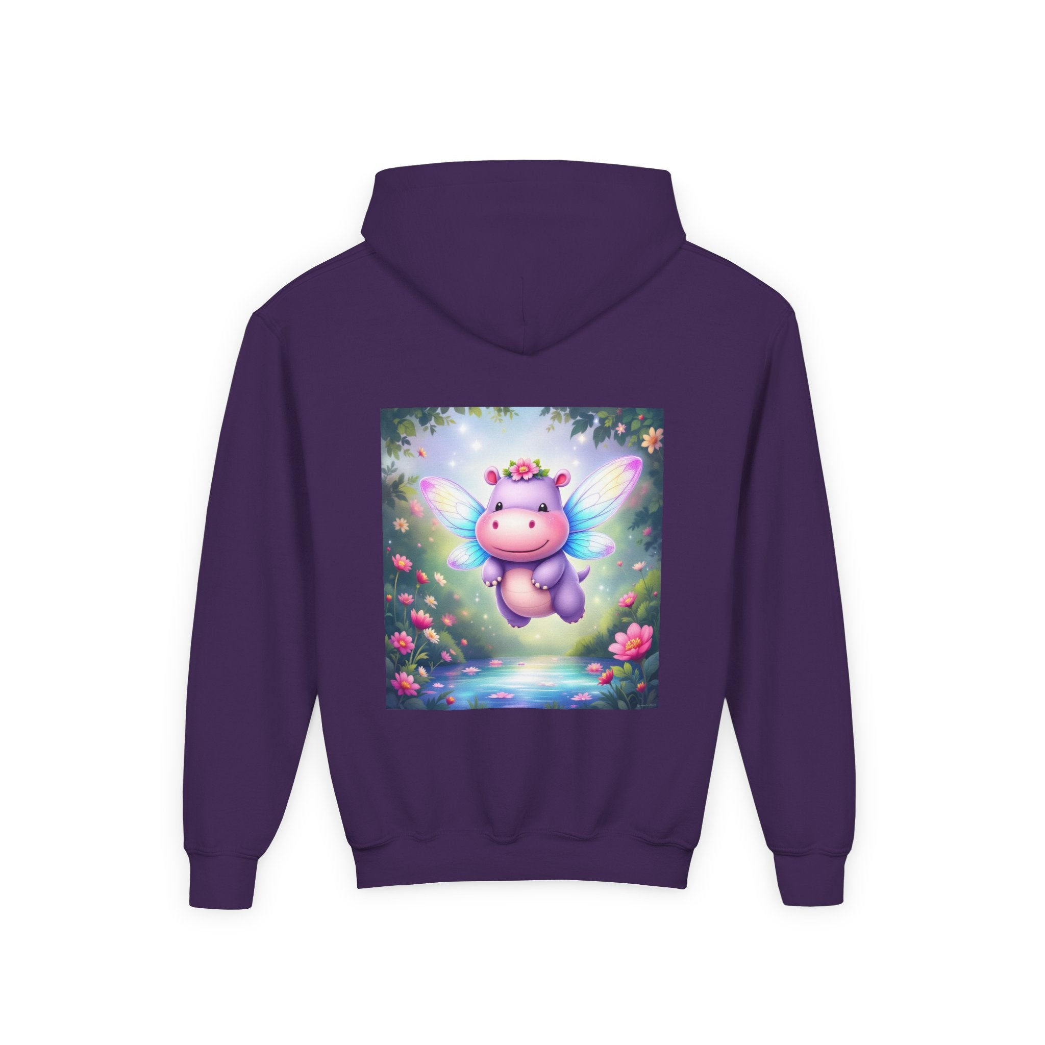 Whimsical Fairy Hippo Hooded Sweatshirt for Kids, Cute Gifts, Cozy Hoodie, Floral Design, Birthday Present