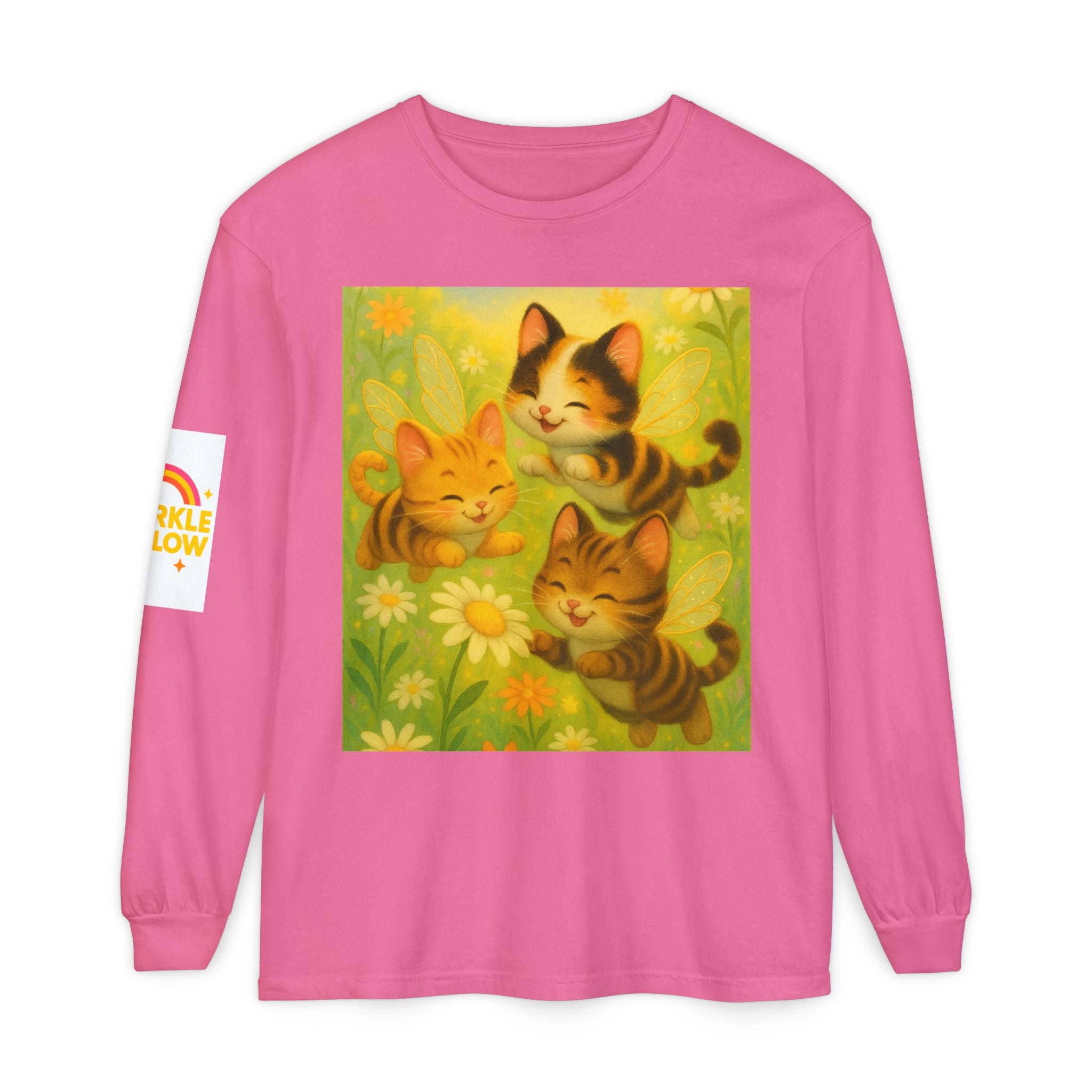 Long Sleeve T-Shirt - Whimsical Bumble Cats and Daisies in Land of Sparkle