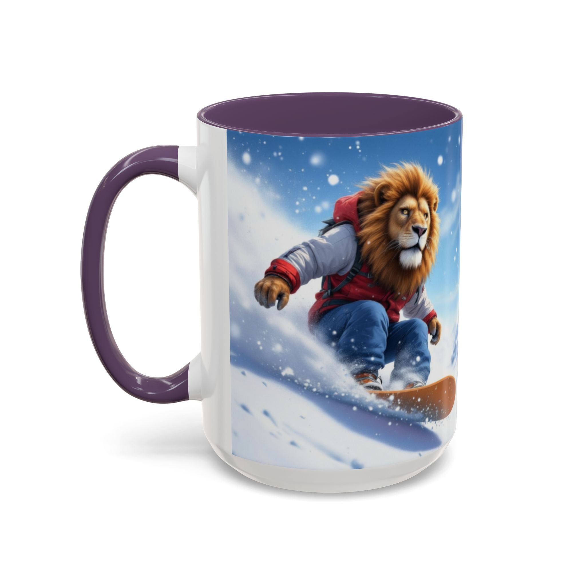 Snowboarding Lion Coffee Mug — Winter Sports Animal Art 11/15oz