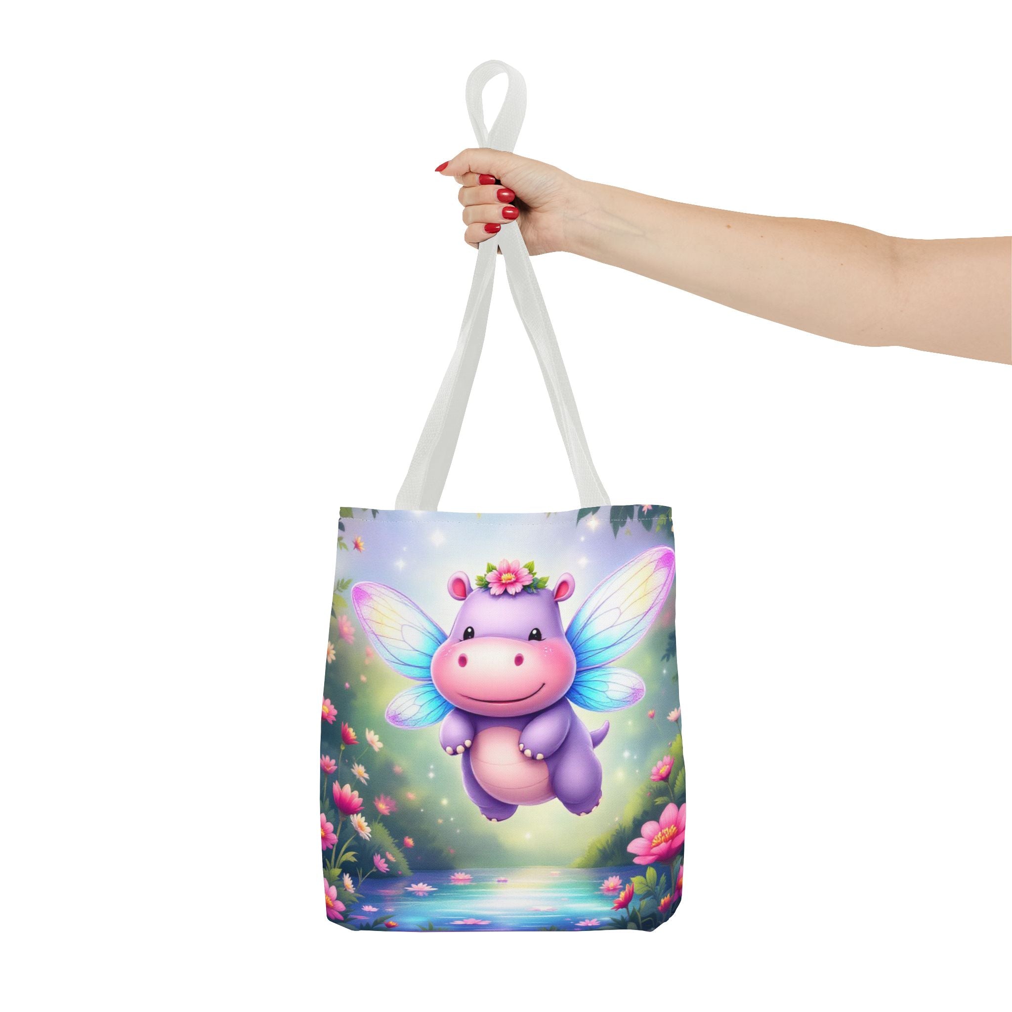Cute Fairy Hippo Tote Bag — Magical Flower Wings All-Over Print