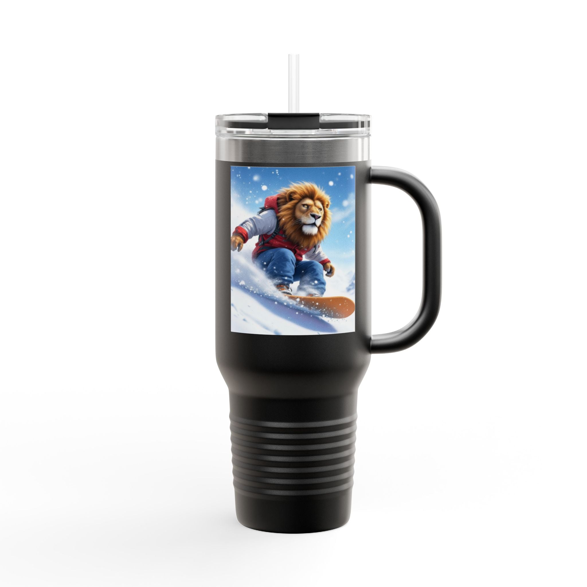 40oz Insulated Travel Mug — Snowboarding Lion Winter Adventure Design