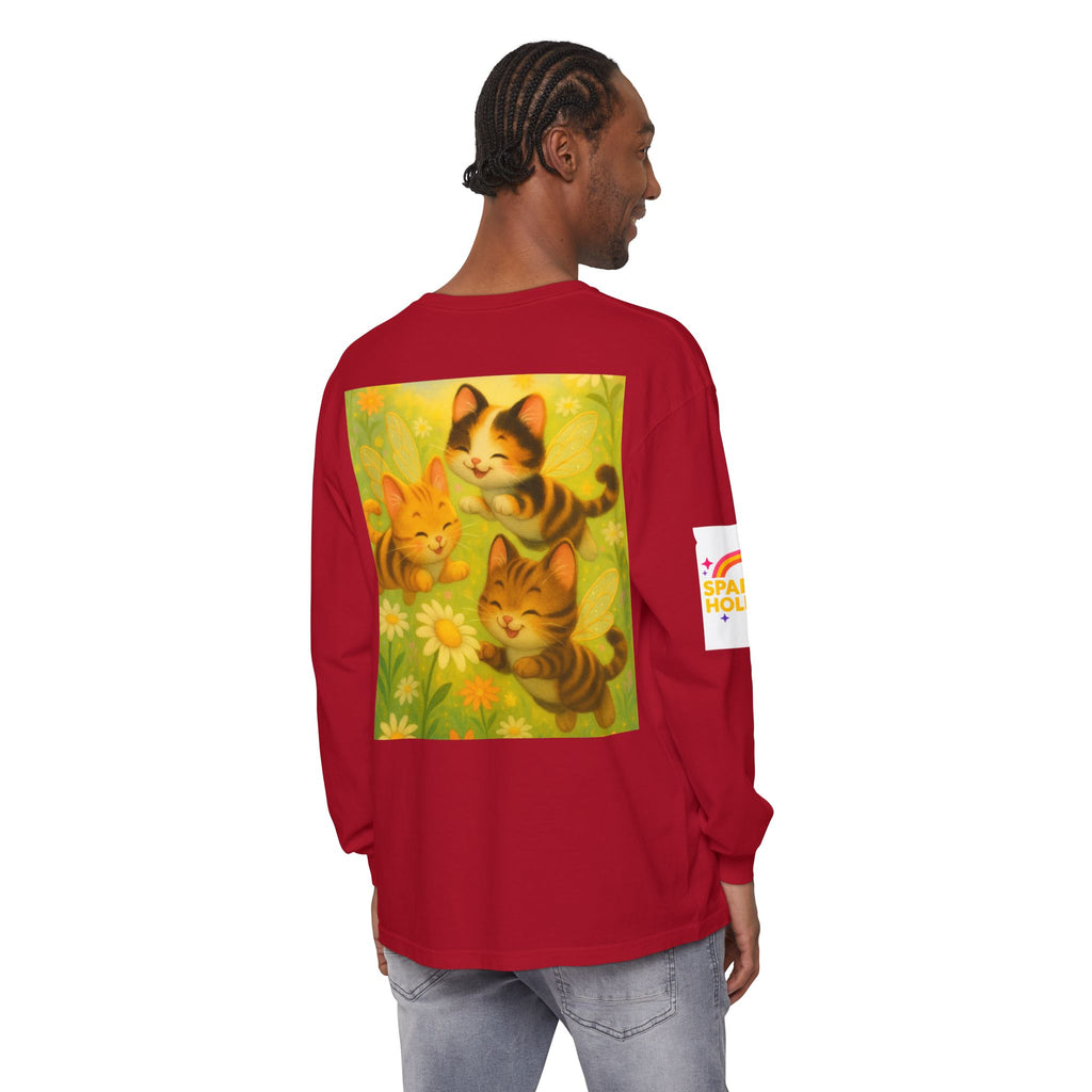 Long Sleeve T-Shirt - Whimsical Bumble Cats and Daisies in Land of Sparkle
