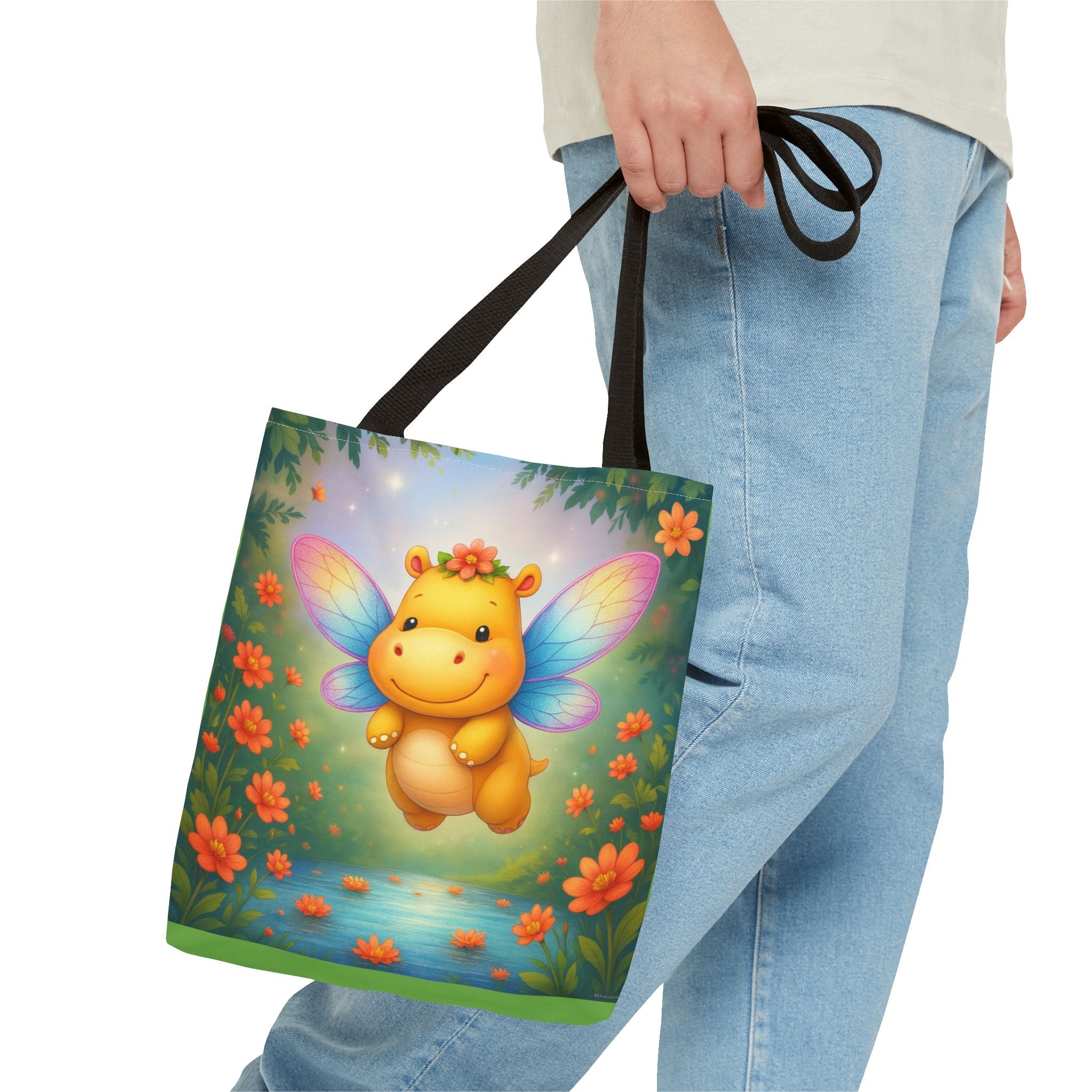 Fairy Hippo Tote Bag — Cute Floral Magic Wings Canvas Tote