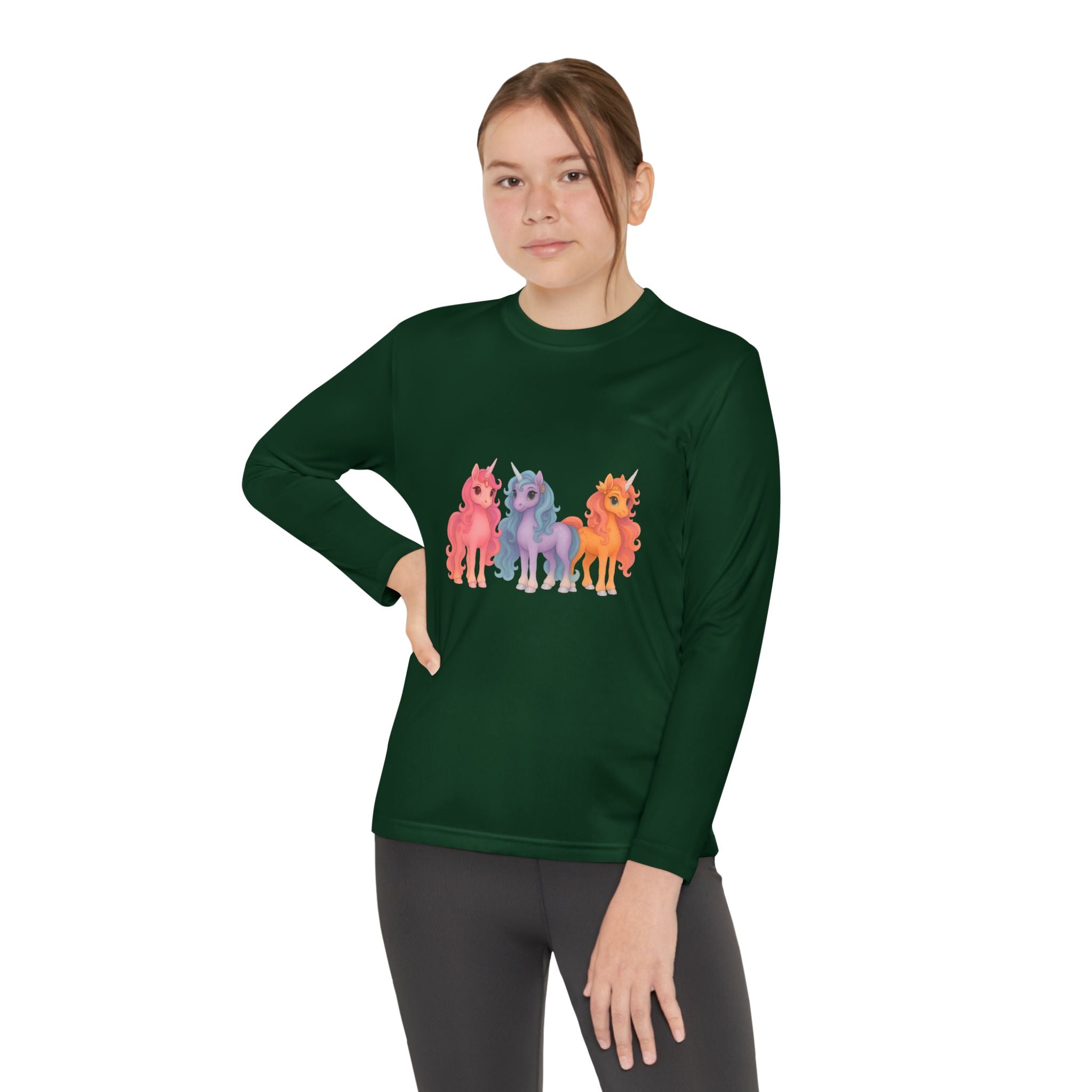 Youth Long Sleeve Tee — Colorful Cartoon Ponies Graphic