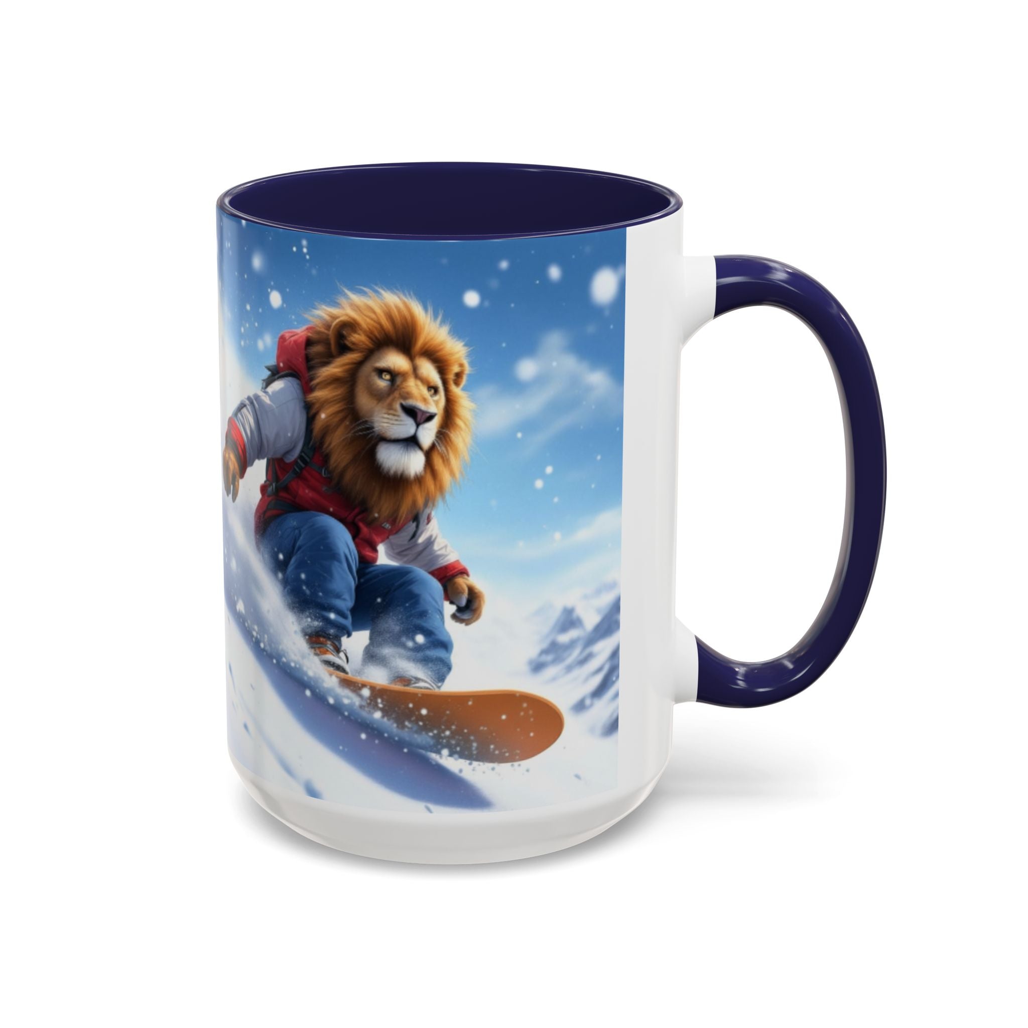 Snowboarding Lion Coffee Mug — Winter Sports Animal Art 11/15oz