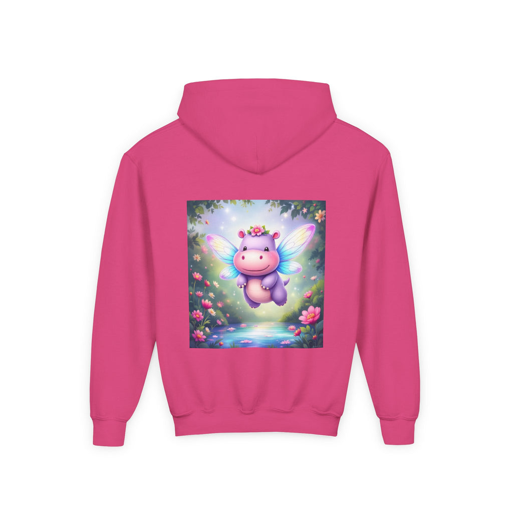 Whimsical Fairy Hippo Hooded Sweatshirt for Kids, Cute Gifts, Cozy Hoodie, Floral Design, Birthday Present