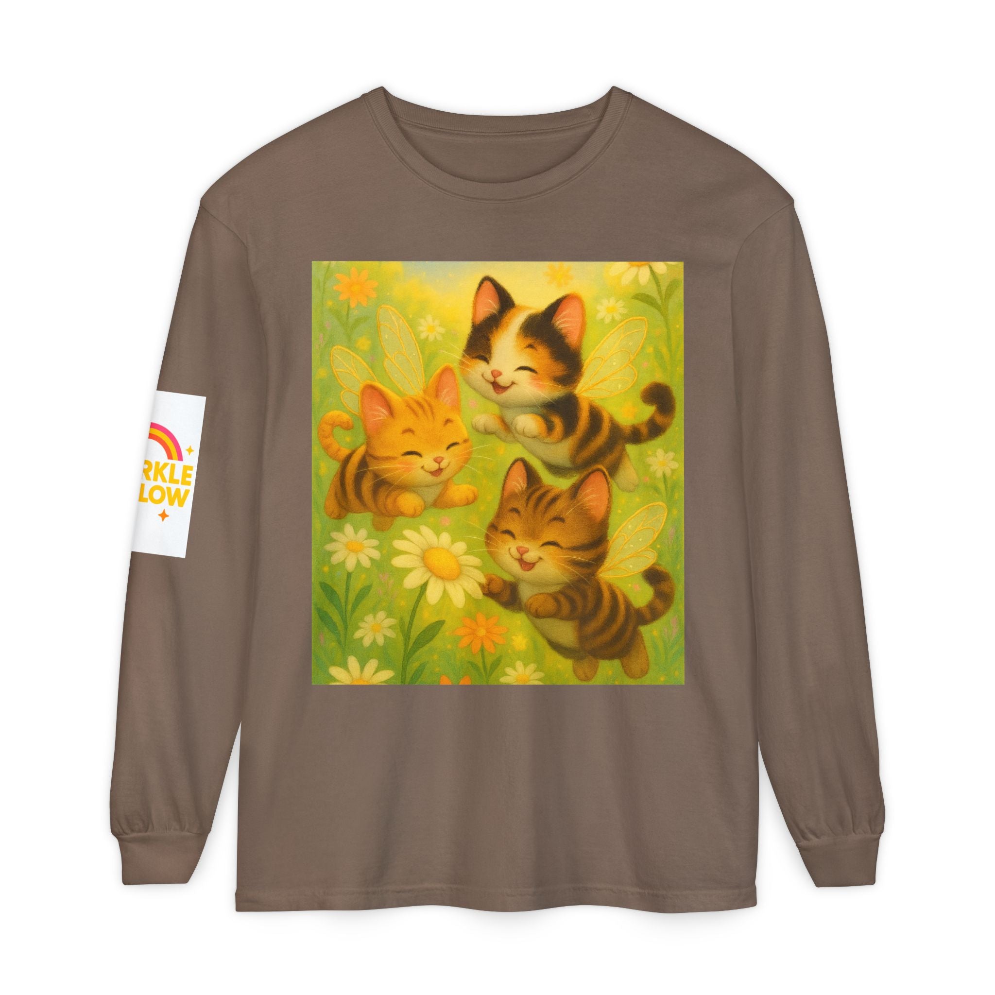 Long Sleeve T-Shirt - Whimsical Bumble Cats and Daisies in Land of Sparkle