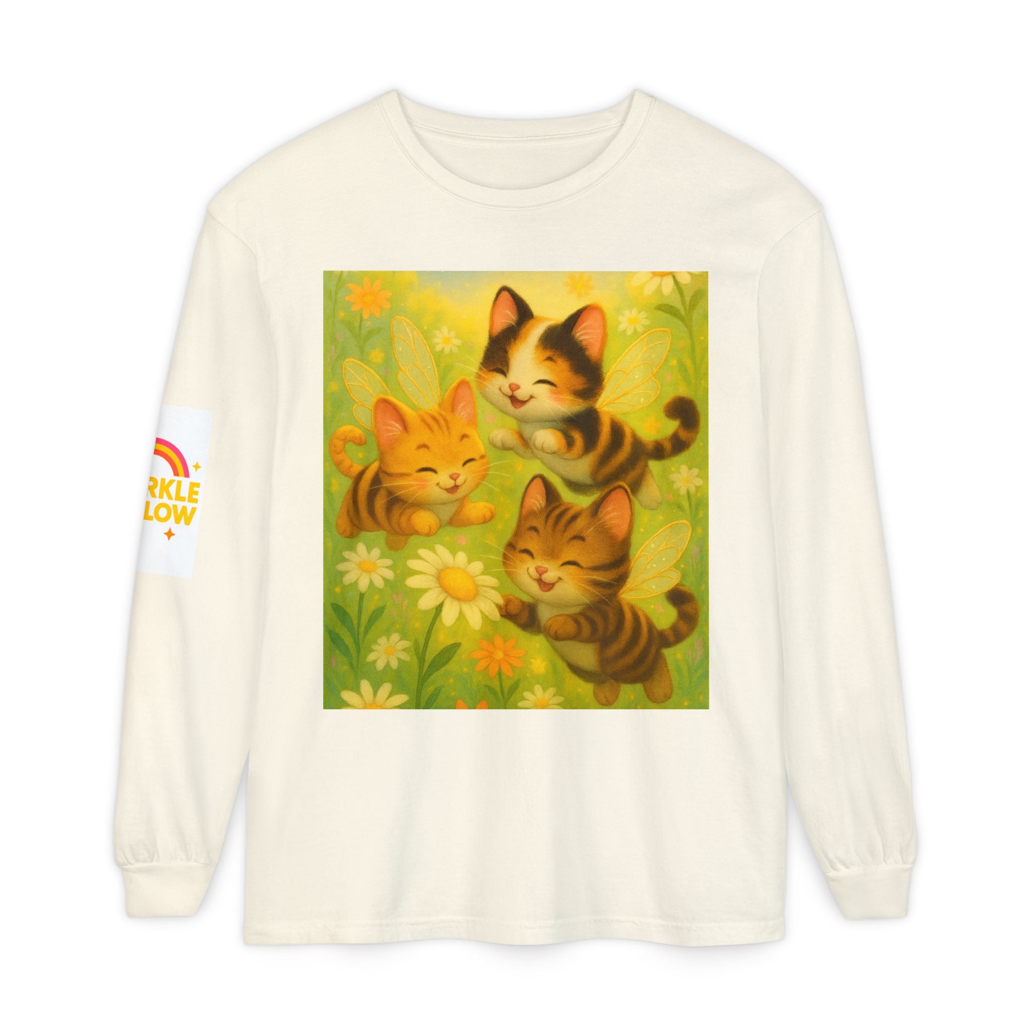 Long Sleeve T-Shirt - Whimsical Bumble Cats and Daisies in Land of Sparkle
