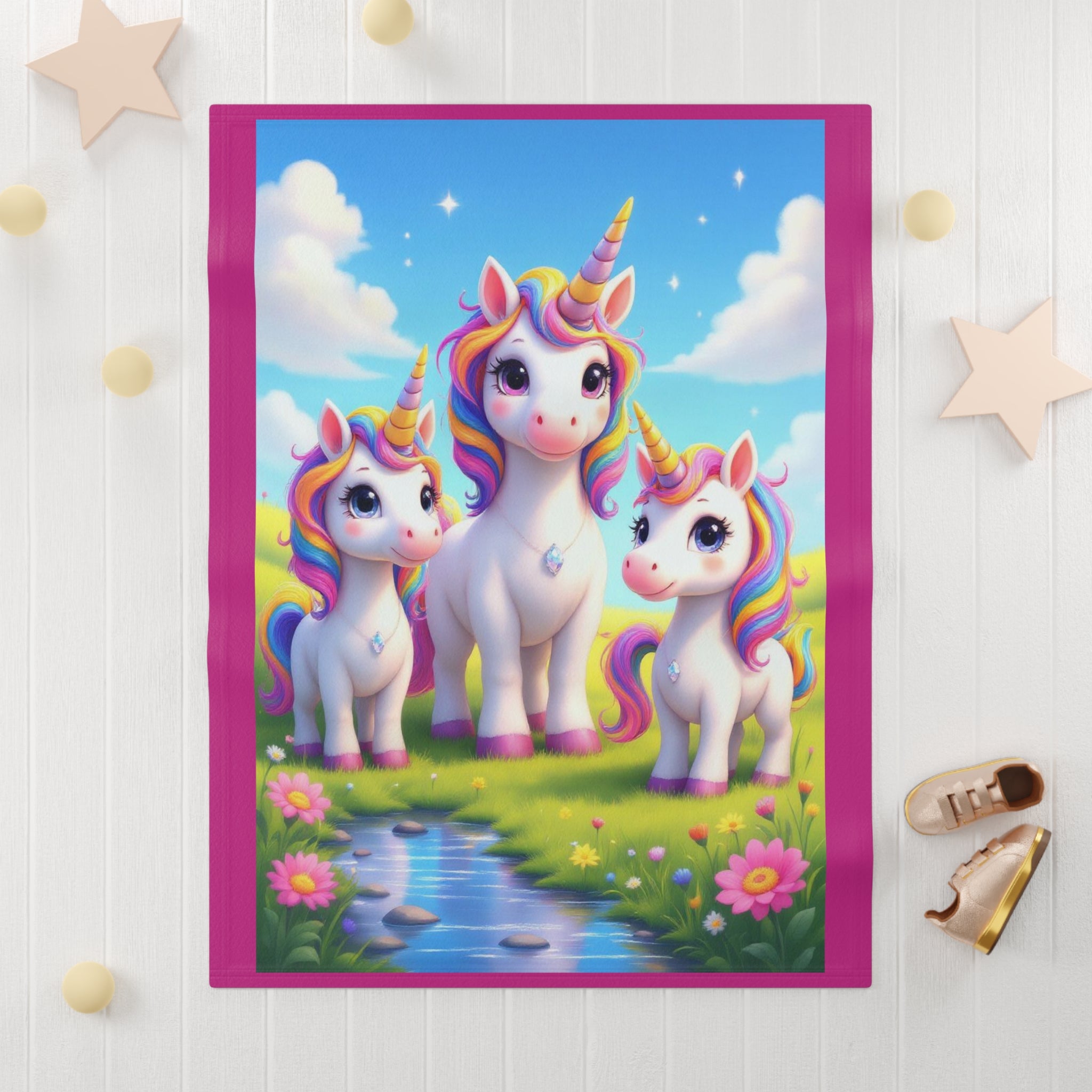 Baby Blanket - Whimsical Unicorn Mother with 2 Baby Unicorns Design