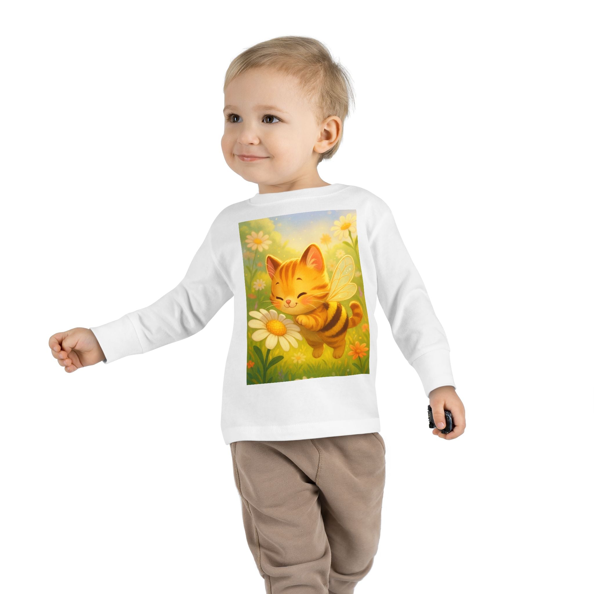 Toddler Long Sleeve Tee - Whimsical Honey Whisker Bumble Cat Garden of Flowers Design