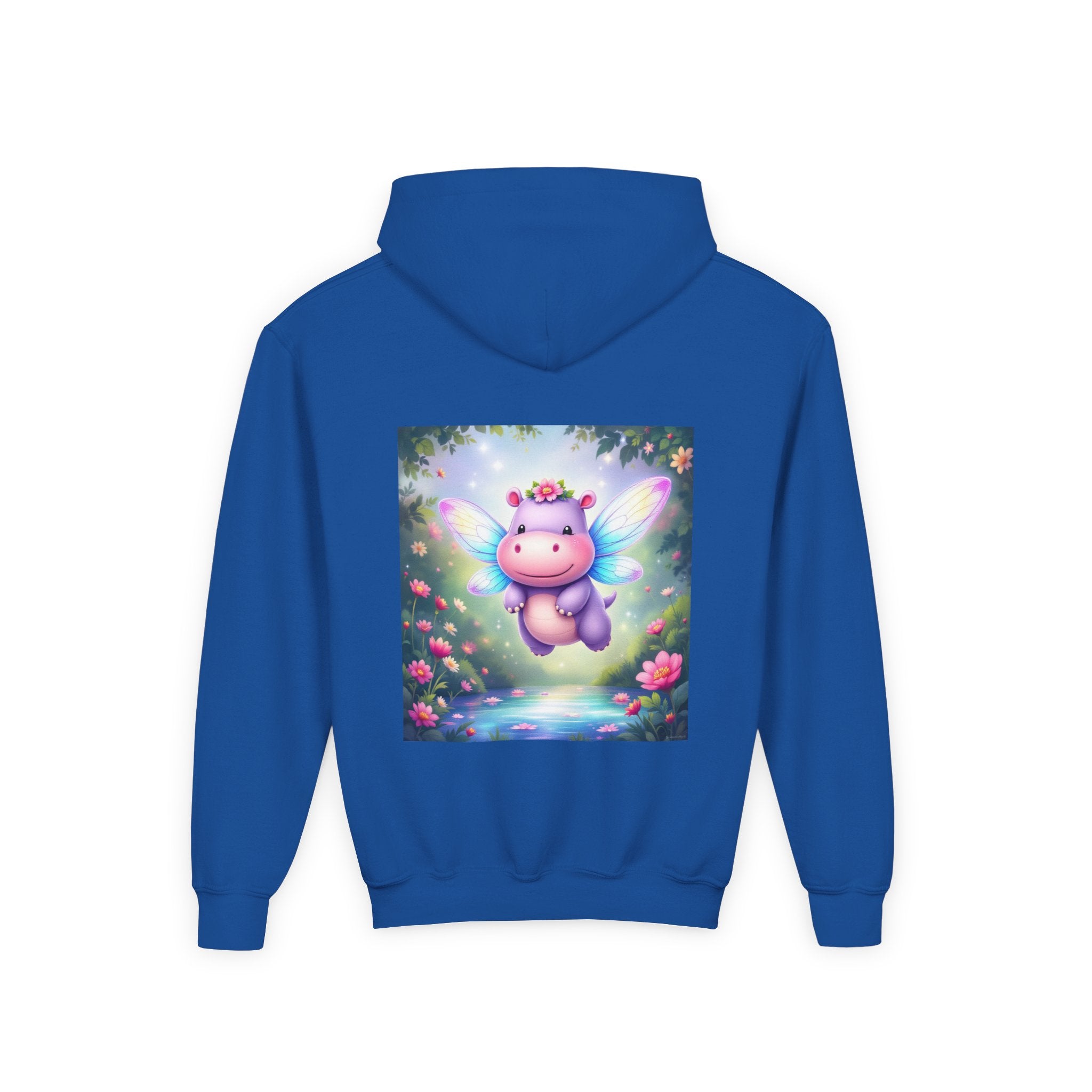 Whimsical Fairy Hippo Hooded Sweatshirt for Kids, Cute Gifts, Cozy Hoodie, Floral Design, Birthday Present