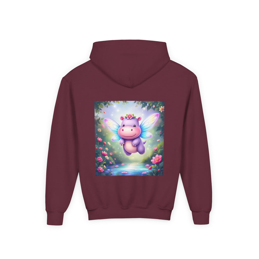 Whimsical Fairy Hippo Hooded Sweatshirt for Kids, Cute Gifts, Cozy Hoodie, Floral Design, Birthday Present