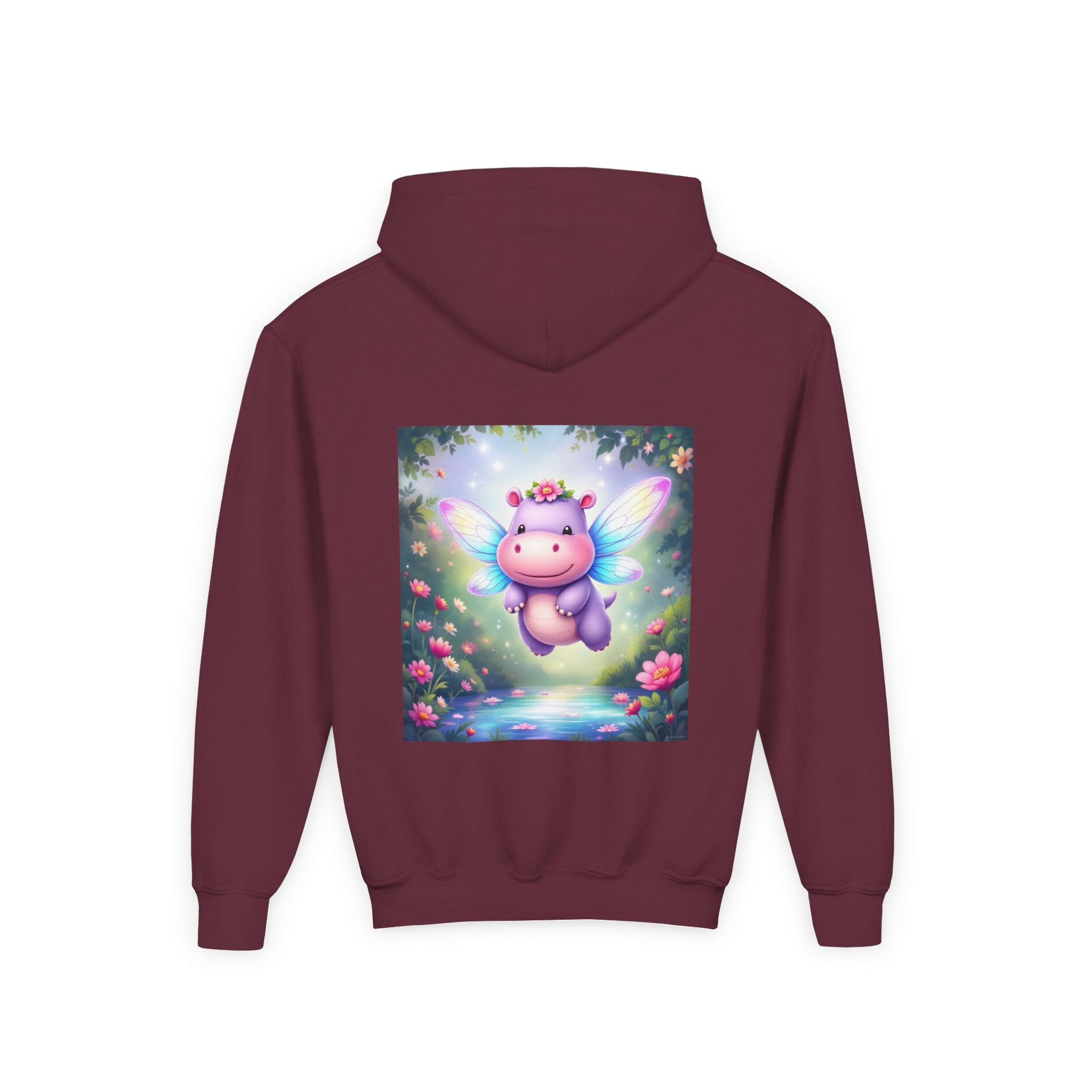 Whimsical Fairy Hippo Hooded Sweatshirt for Kids, Cute Gifts, Cozy Hoodie, Floral Design, Birthday Present