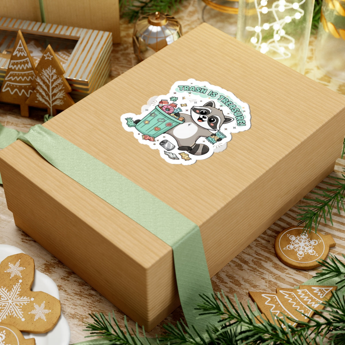 Trash Is Treasure raccoon sticker | Trash Panda Christmas, cute holiday sticker