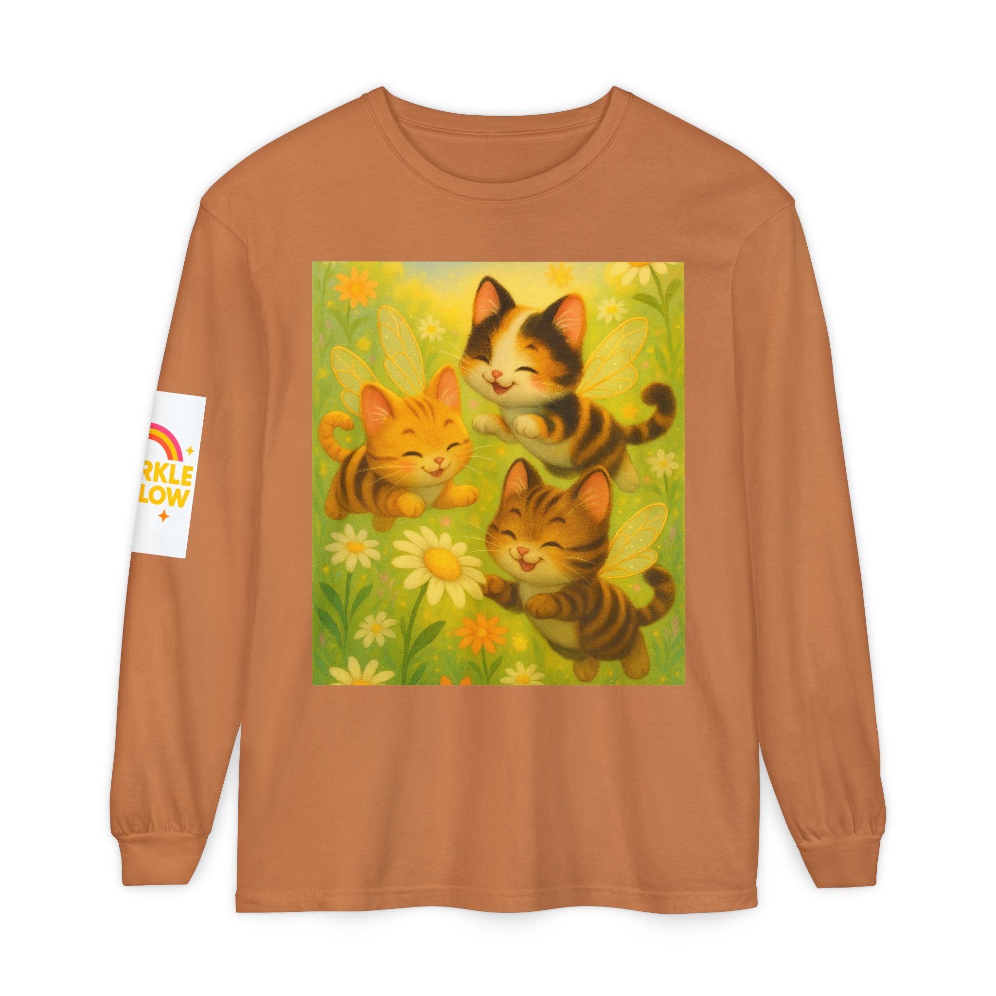 Long Sleeve T-Shirt - Whimsical Bumble Cats and Daisies in Land of Sparkle